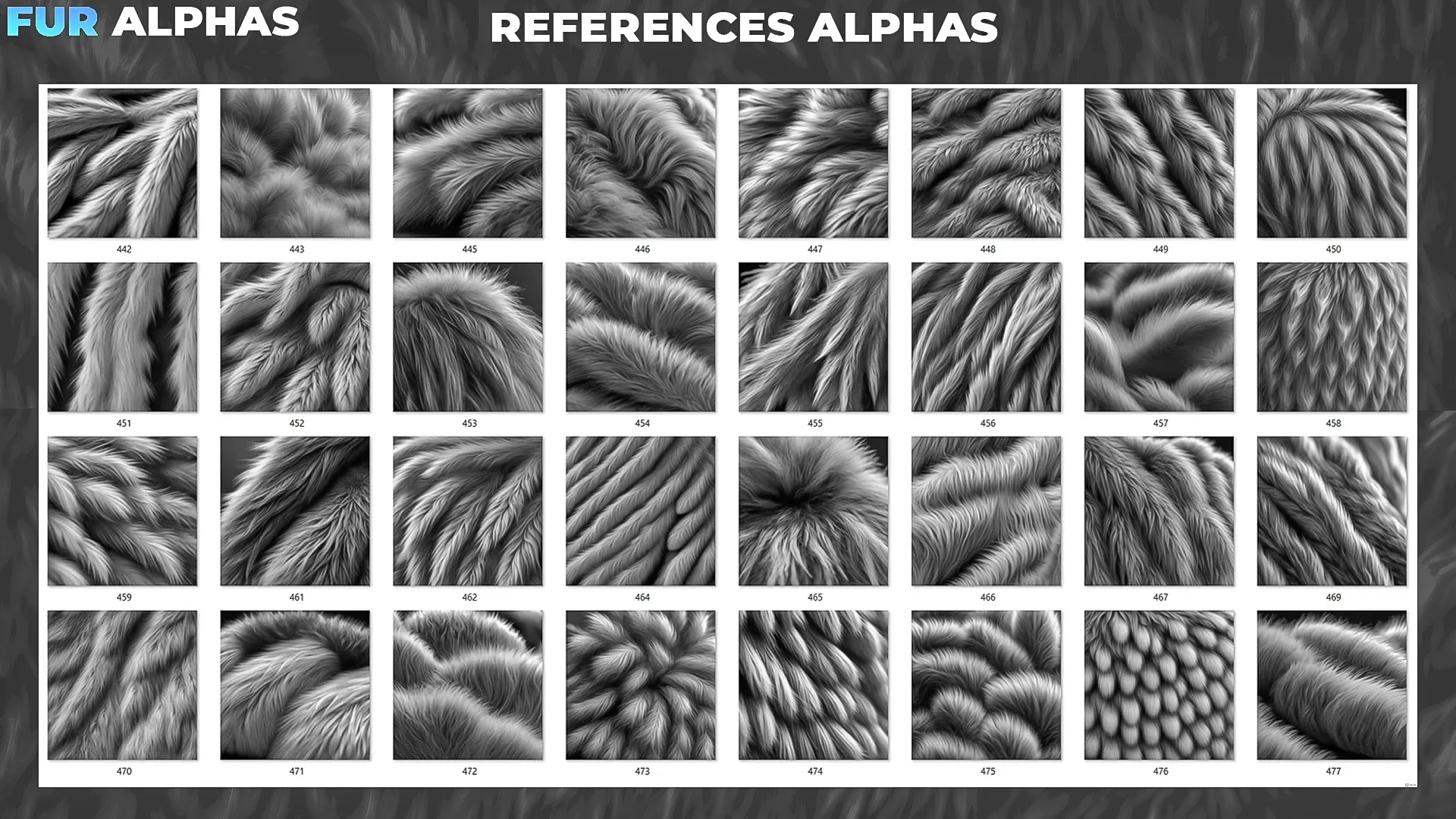 450+ Fur Alphas (Displacement Maps) for ZBrush, Blender, Substance Painter vol.9