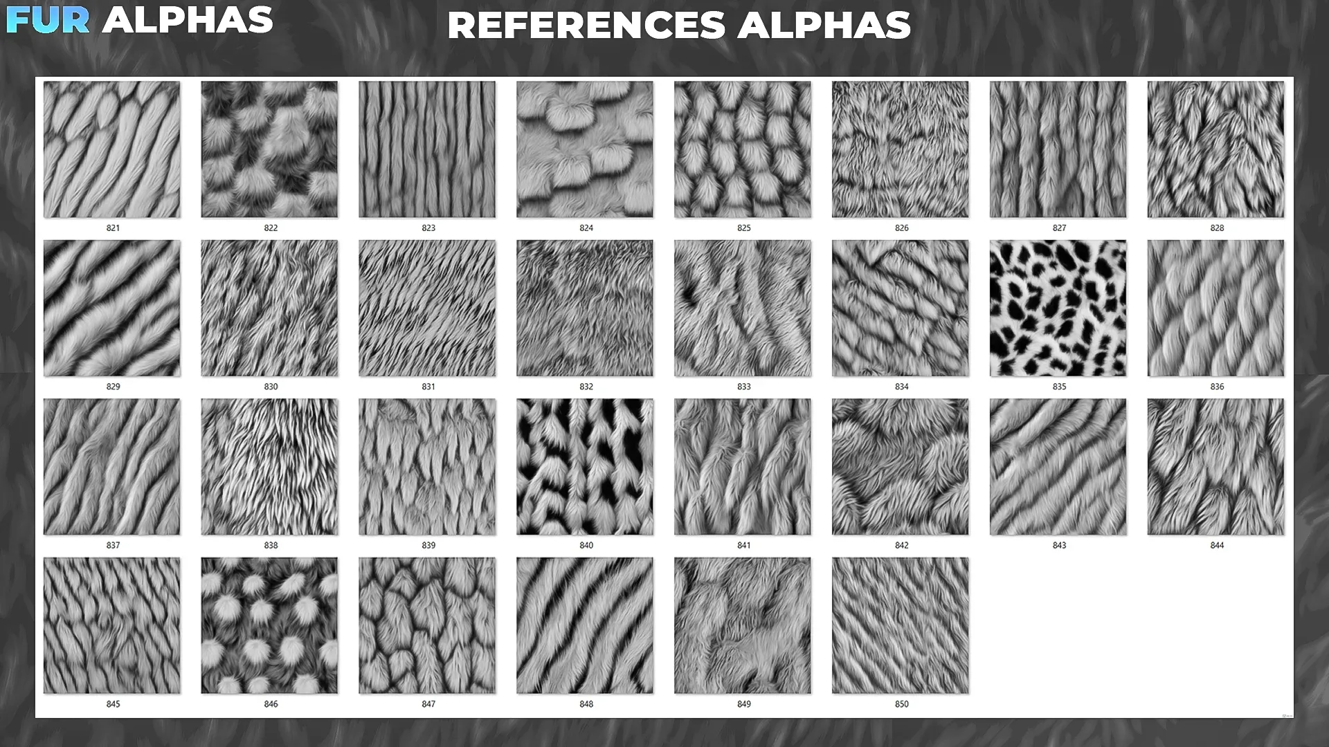 450+ Fur Alphas (Displacement Maps) for ZBrush, Blender, Substance Painter vol.9