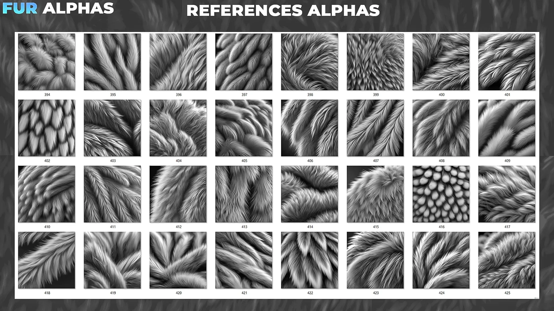 450+ Fur Alphas (Displacement Maps) for ZBrush, Blender, Substance Painter vol.9