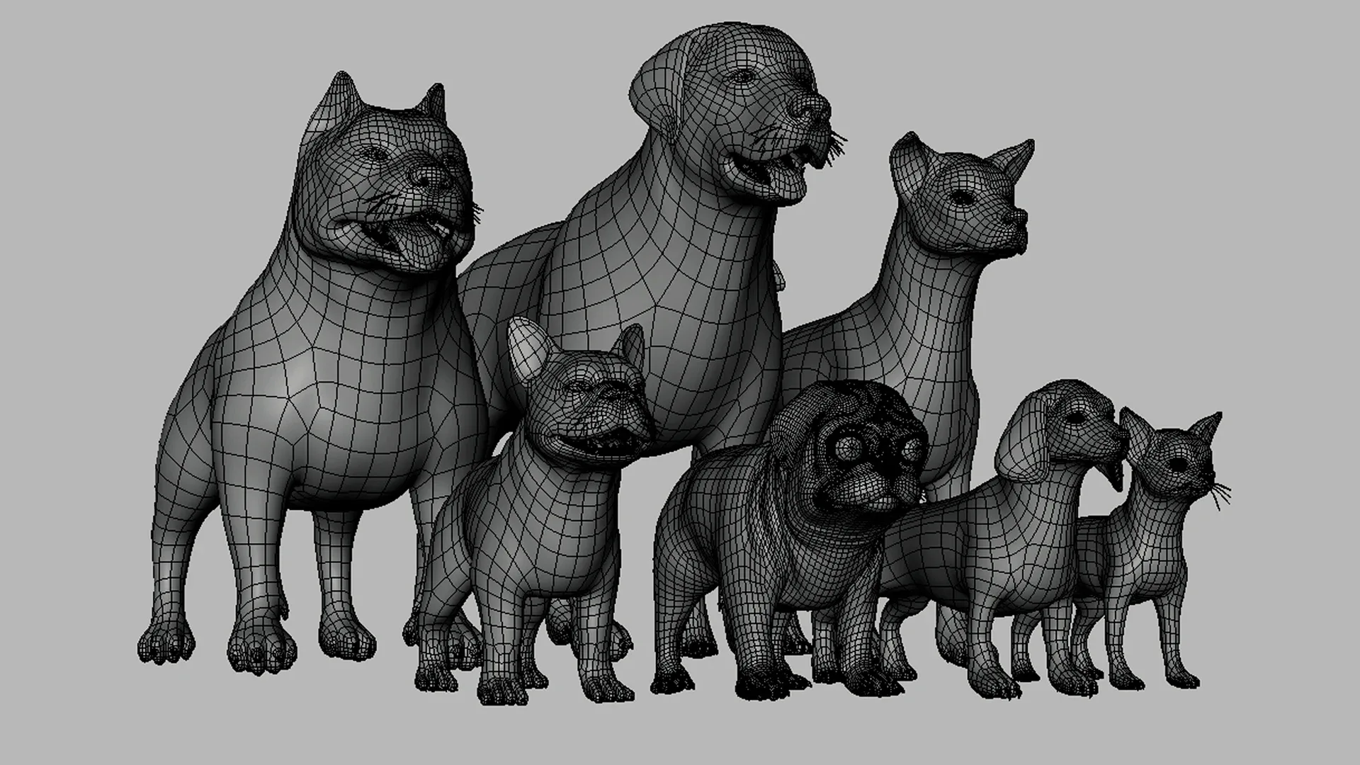 7Dog BaseMesh Pack - Topology + UV Map ( Pitbull+Labrador+StreetDog+French BullDog+Pug+Dachshund+Chihuahua)