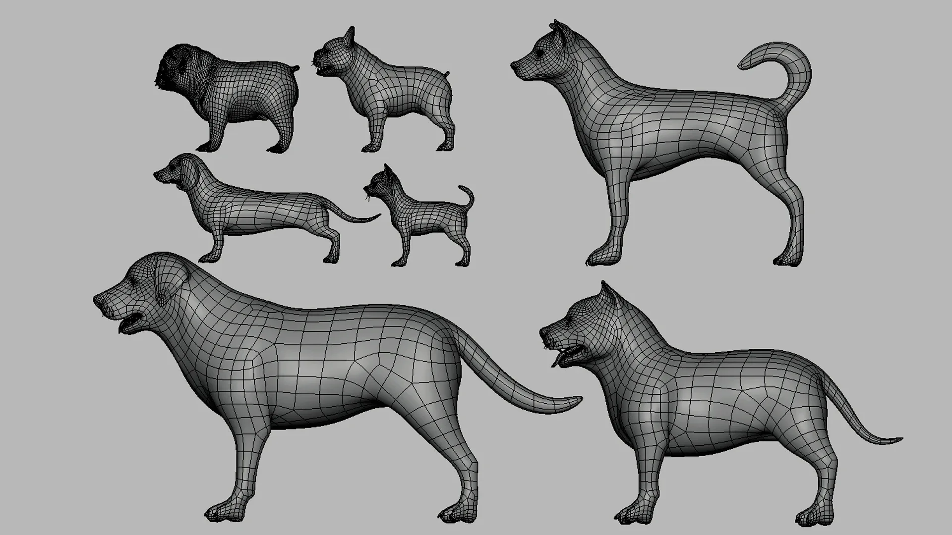 7Dog BaseMesh Pack - Topology + UV Map ( Pitbull+Labrador+StreetDog+French BullDog+Pug+Dachshund+Chihuahua)