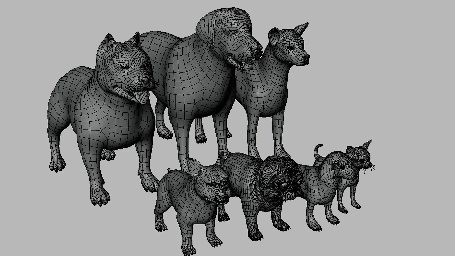 7Dog BaseMesh Pack - Topology + UV Map ( Pitbull+Labrador+StreetDog+French BullDog+Pug+Dachshund+Chihuahua)