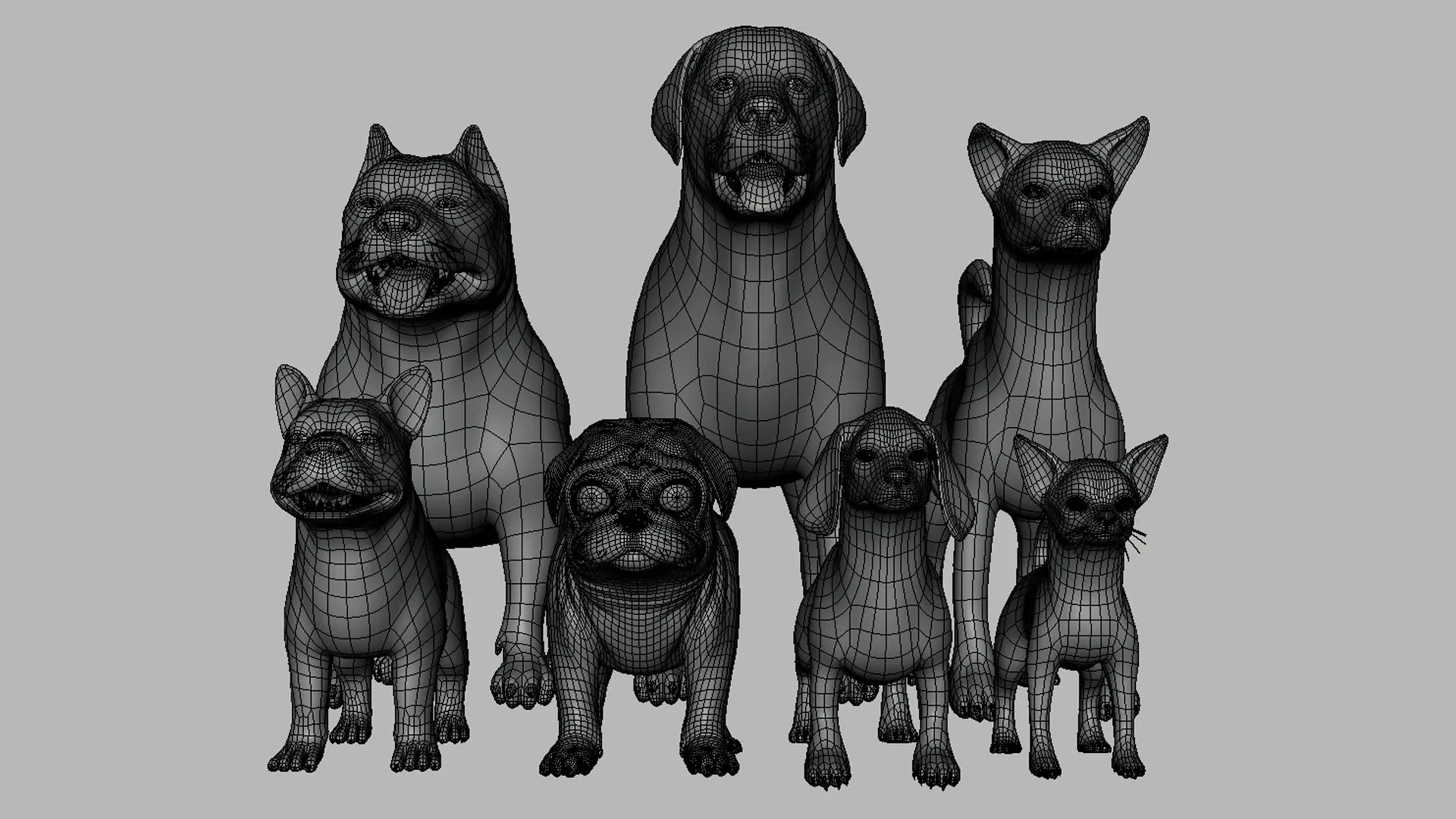 7Dog BaseMesh Pack - Topology + UV Map ( Pitbull+Labrador+StreetDog+French BullDog+Pug+Dachshund+Chihuahua)