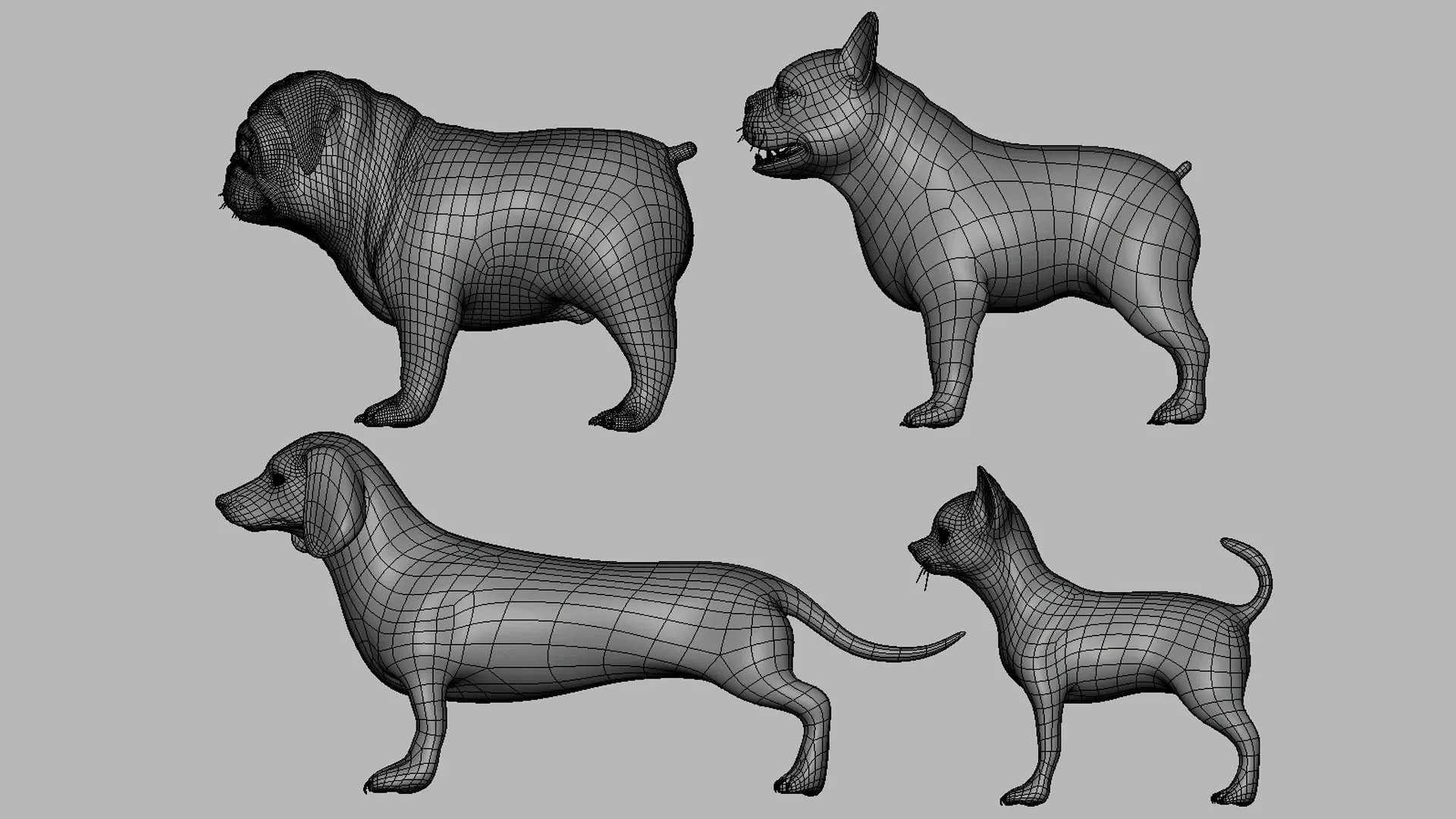 7Dog BaseMesh Pack - Topology + UV Map ( Pitbull+Labrador+StreetDog+French BullDog+Pug+Dachshund+Chihuahua)