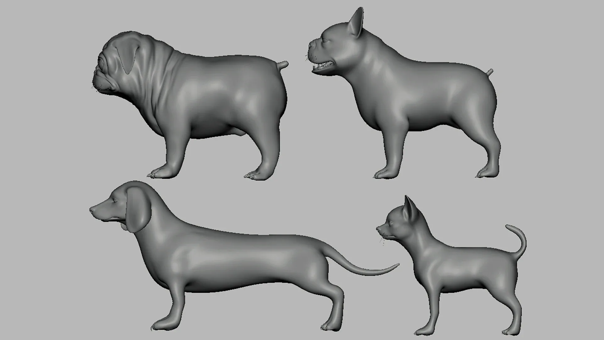 7Dog BaseMesh Pack - Topology + UV Map ( Pitbull+Labrador+StreetDog+French BullDog+Pug+Dachshund+Chihuahua)