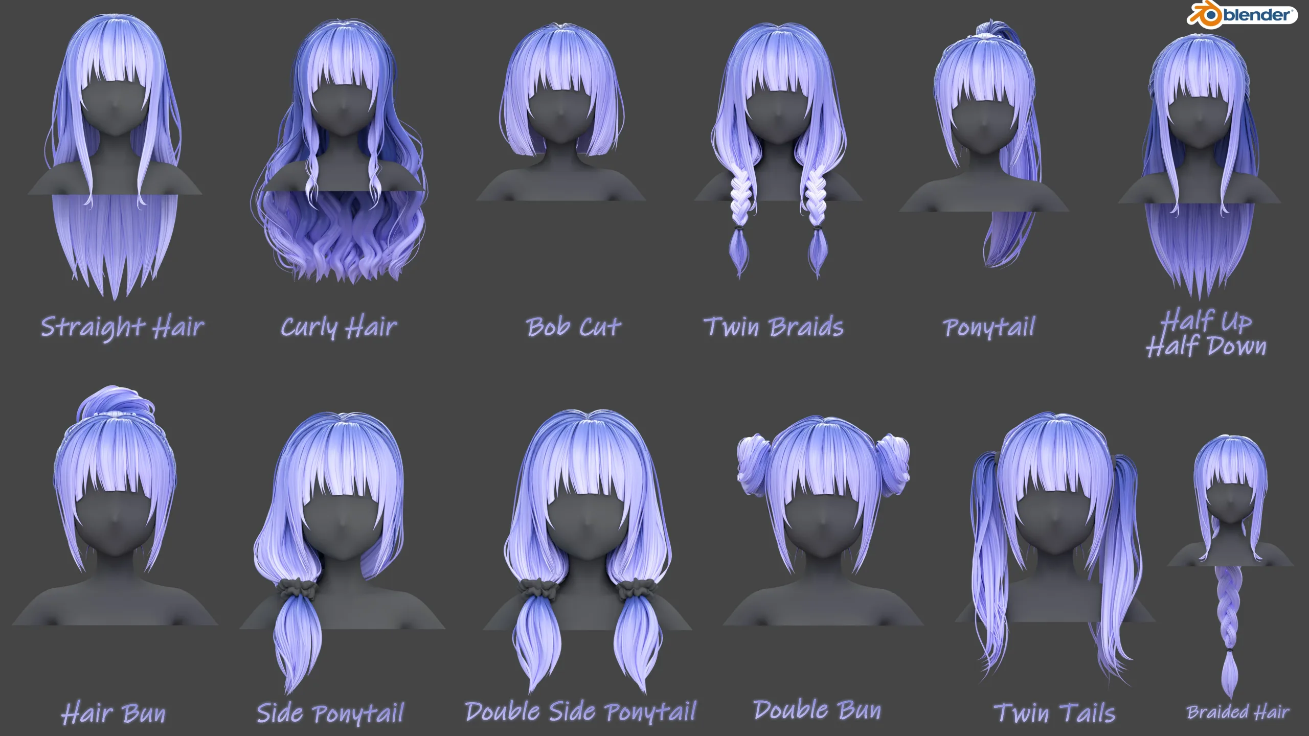 Poly Hairstyle pack-12 types of Hairstyles(obj, fbx, blend files)