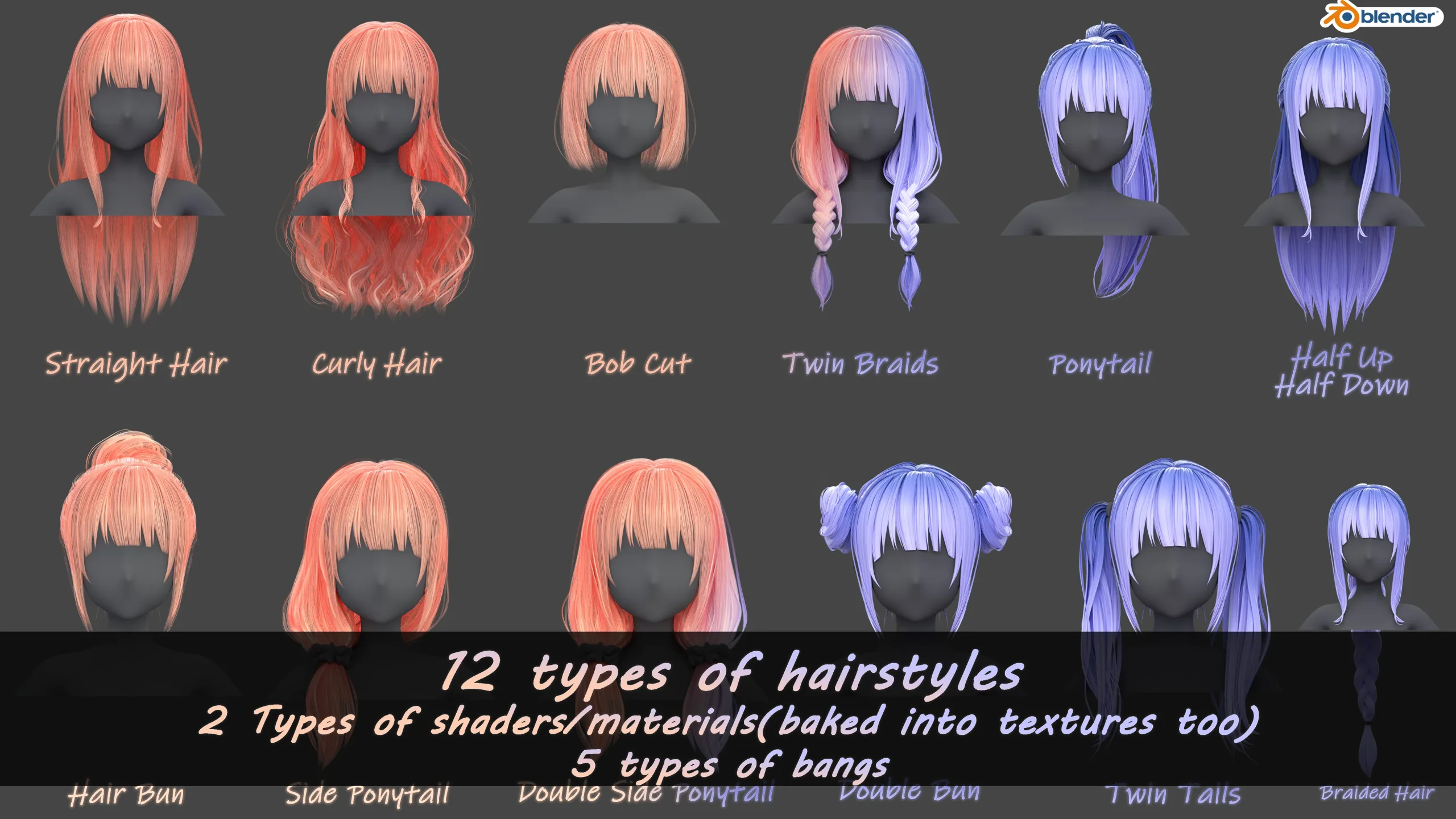 Poly Hairstyle pack-12 types of Hairstyles(obj, fbx, blend files)