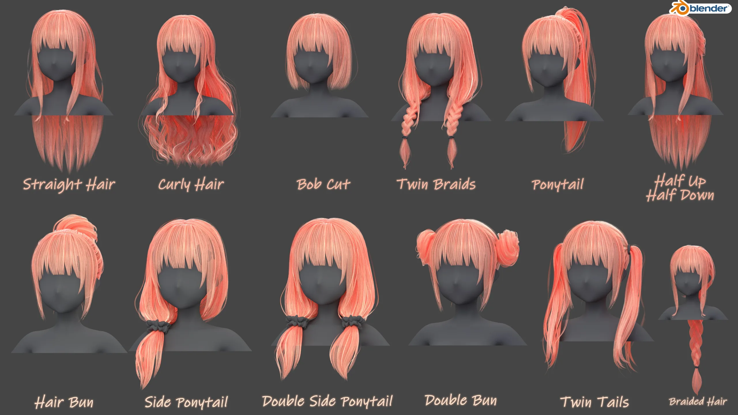 Poly Hairstyle pack-12 types of Hairstyles(obj, fbx, blend files)