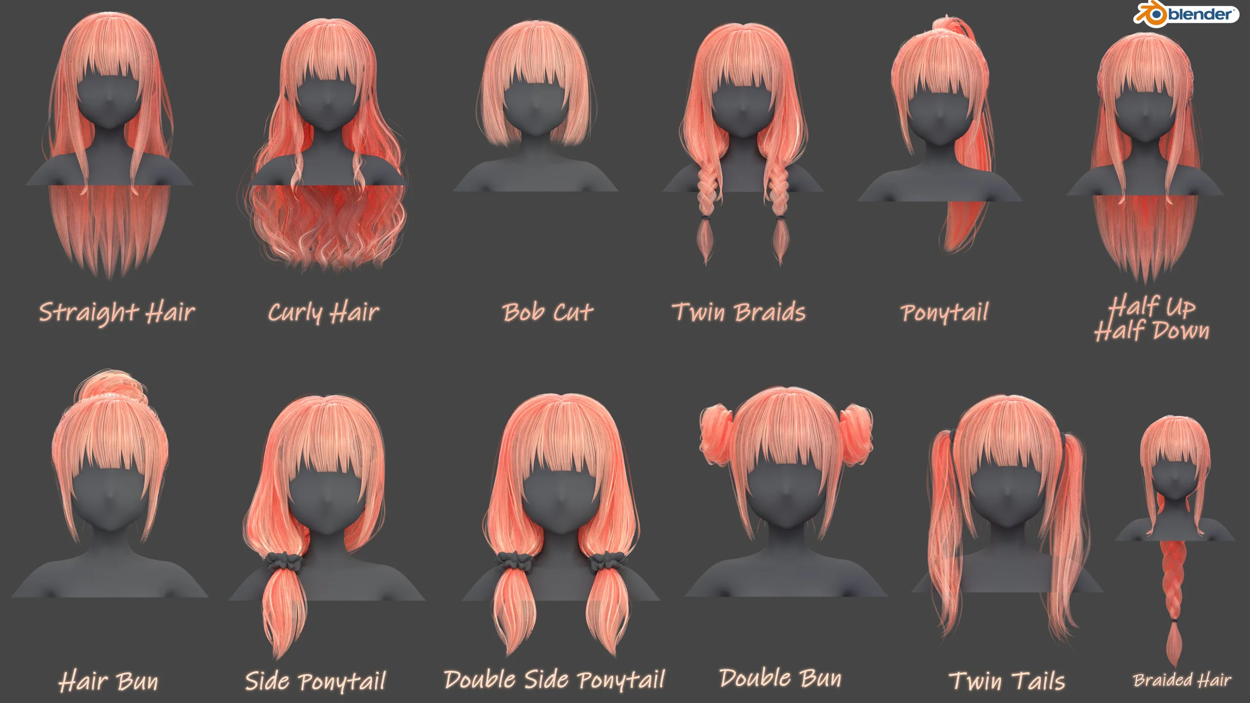 Poly Hairstyle pack-12 types of Hairstyles(obj, fbx, blend files)