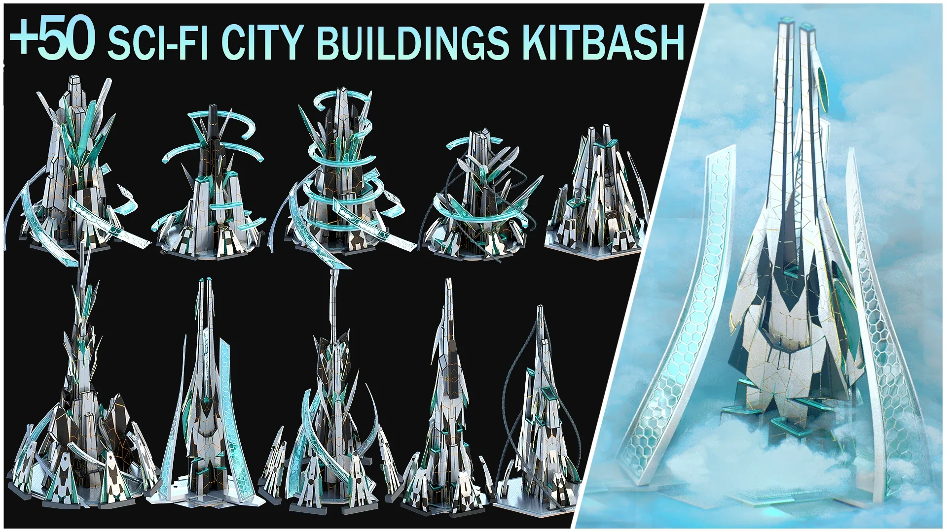 ci-Fi Futuristic Future Fantasy City Island Cityscape Castle & 50 Unique Buildings Kitbash Pack