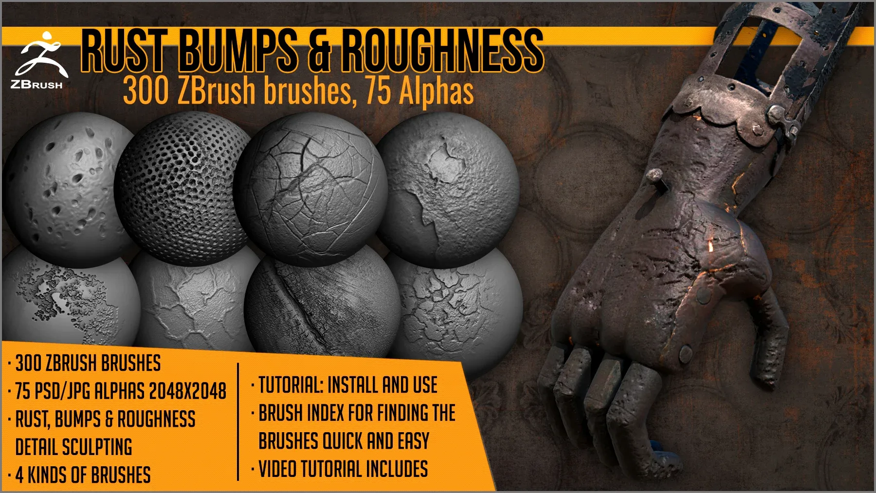 Rust Bumps and Roughness Maker 300 ZBrush brushes and 75 alphas