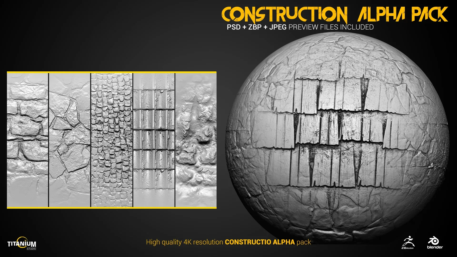 30 Zbrush Stone, Concrete and Rock 4K Brush + Alpha + jpeg Preview