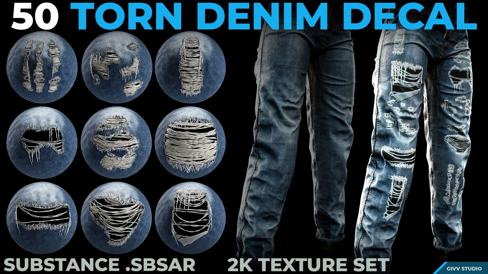 50 TORN DENIM DECALS - SBSAR + PBR TEXTURES SET