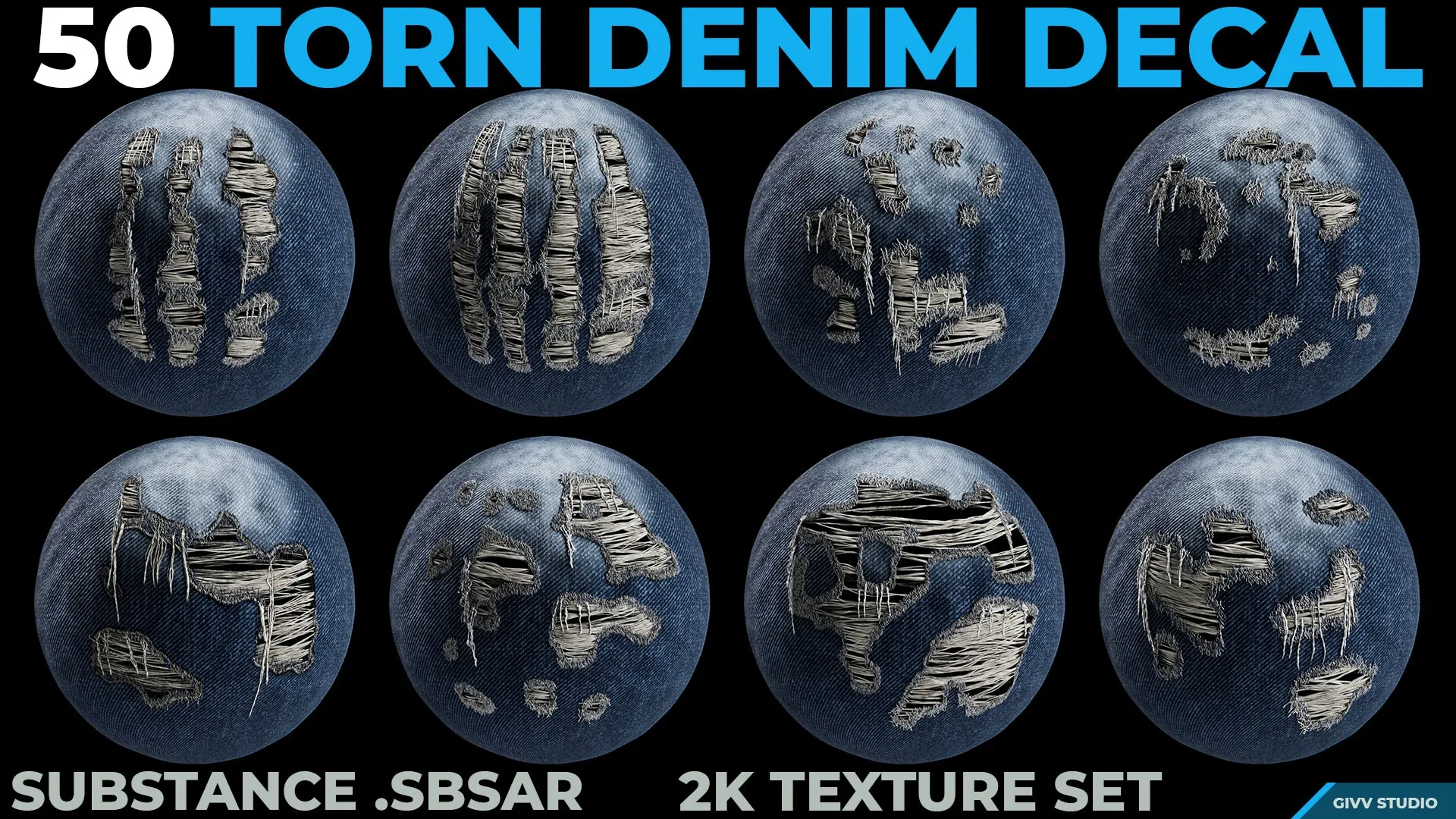 50 TORN DENIM DECALS - SBSAR + PBR TEXTURES SET