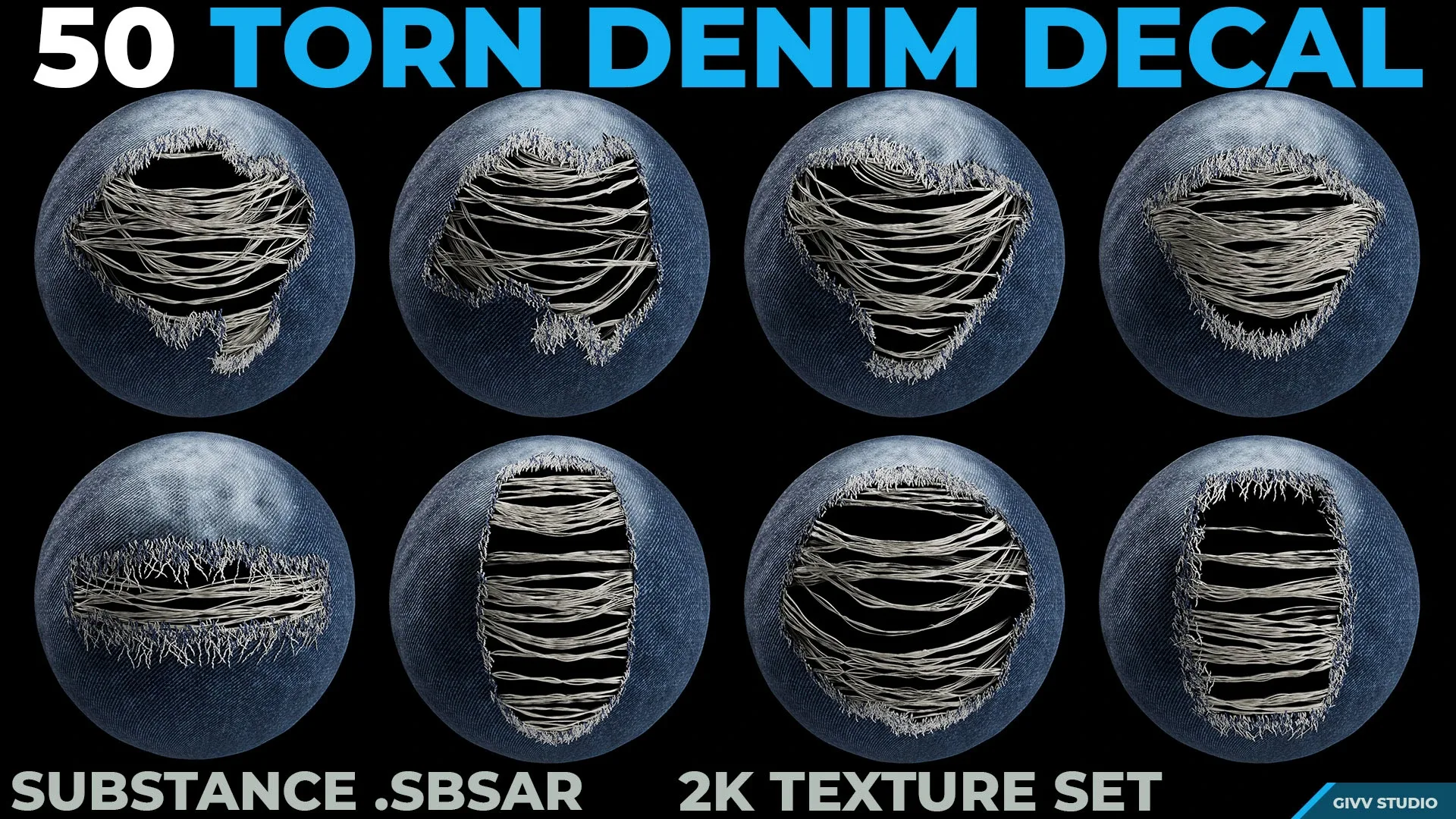 50 TORN DENIM DECALS - SBSAR + PBR TEXTURES SET