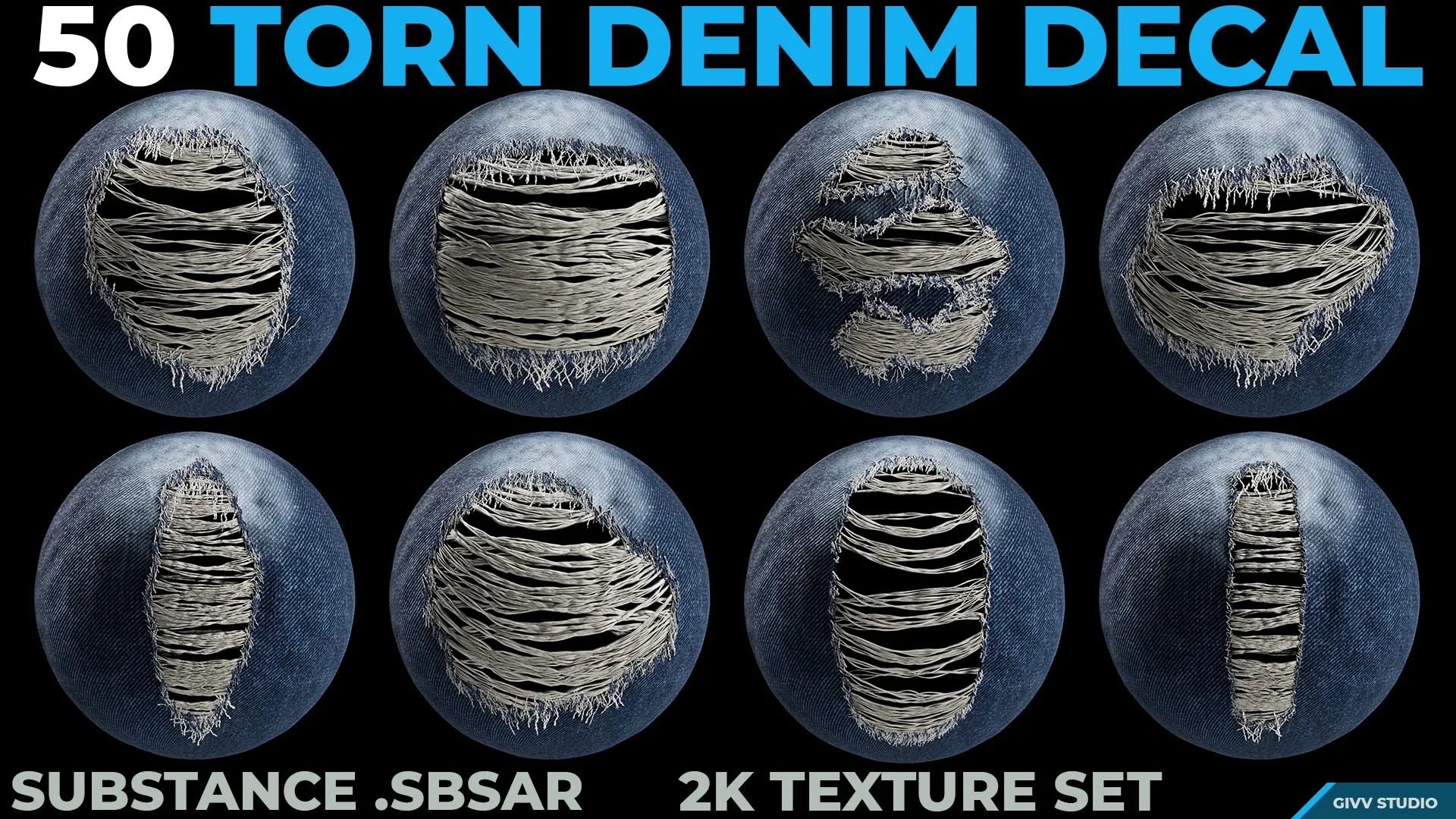 50 TORN DENIM DECALS - SBSAR + PBR TEXTURES SET