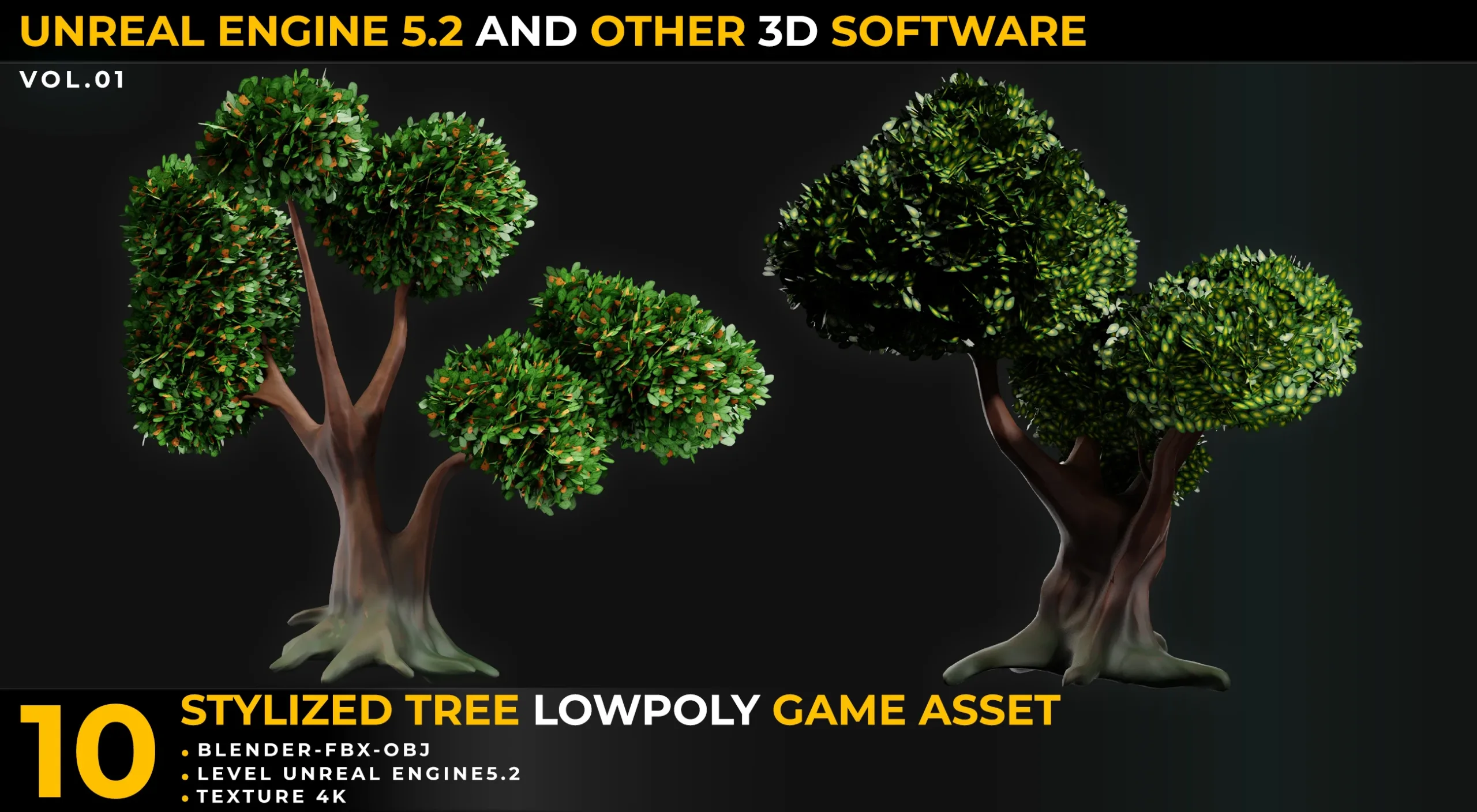 10 Tree Stylize LowPoly GameAsset For UnrealEngine5.2 And Other 3DSoftware