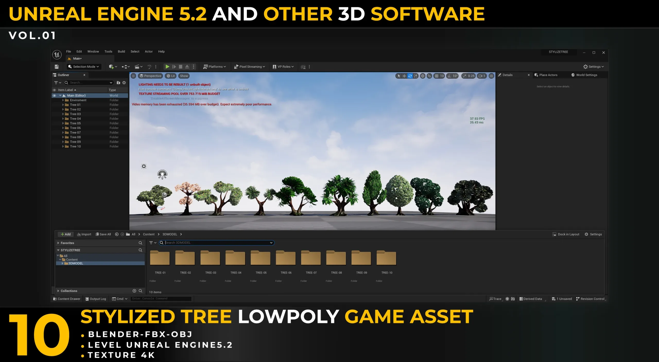 10 Tree Stylize LowPoly GameAsset For UnrealEngine5.2 And Other 3DSoftware