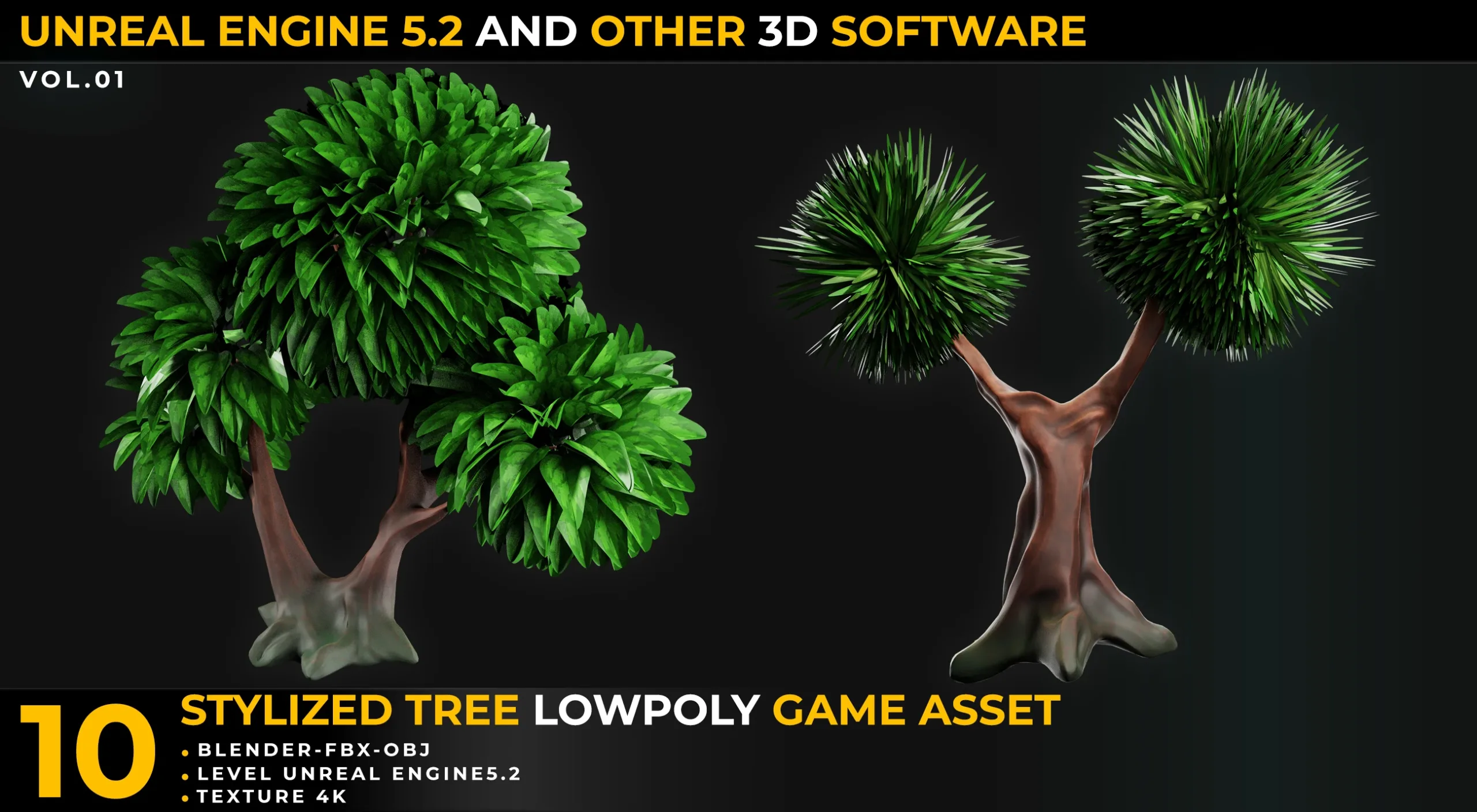 10 Tree Stylize LowPoly GameAsset For UnrealEngine5.2 And Other 3DSoftware