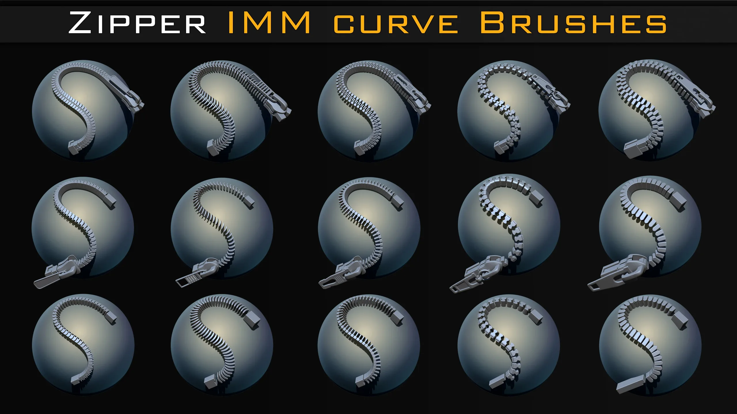 120 Zbrush Zipper IMM Curve Brushes + 120 3d model- Low Poly (Obj, Max )