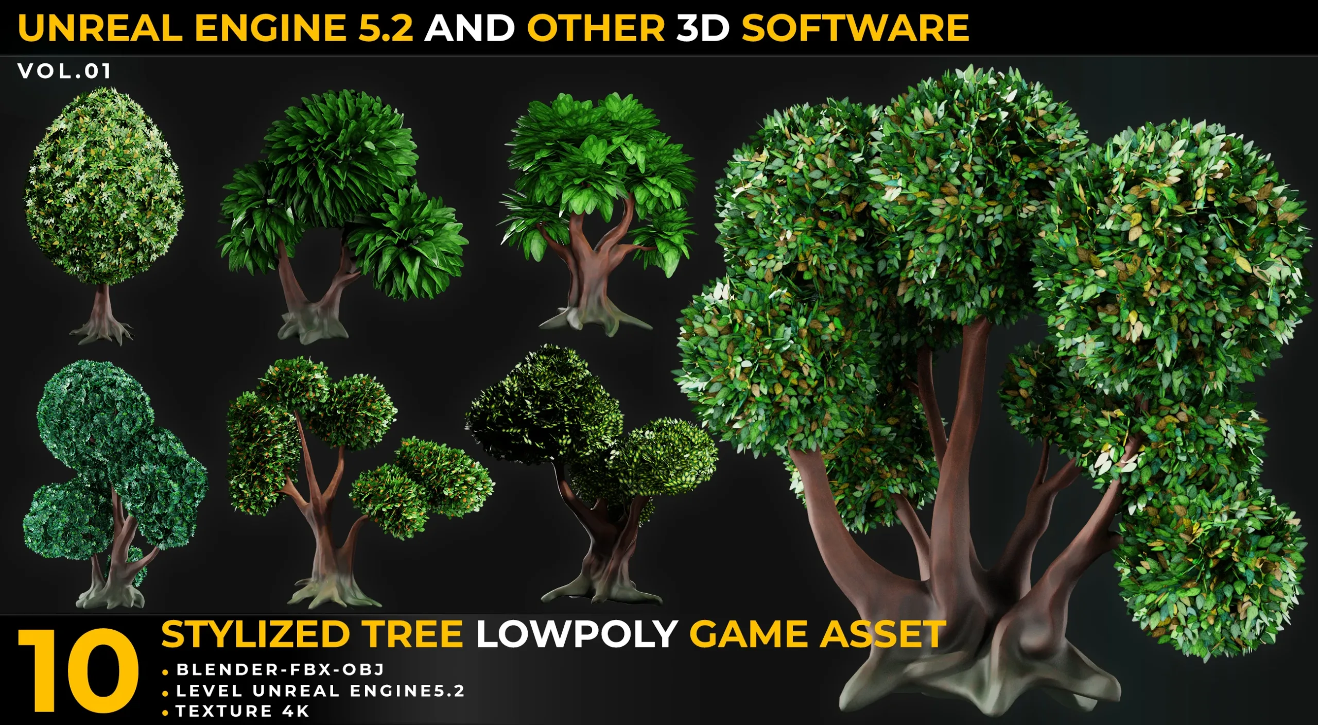 10 Tree Stylize LowPoly GameAsset For UnrealEngine5.2 And Other 3DSoftware