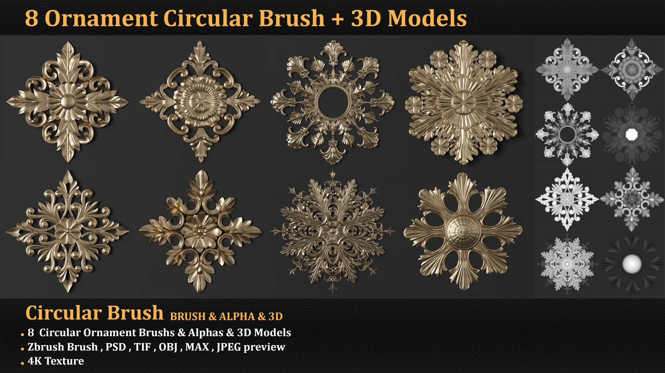 8 Ornament Circular 3Dmodel Brush alpha