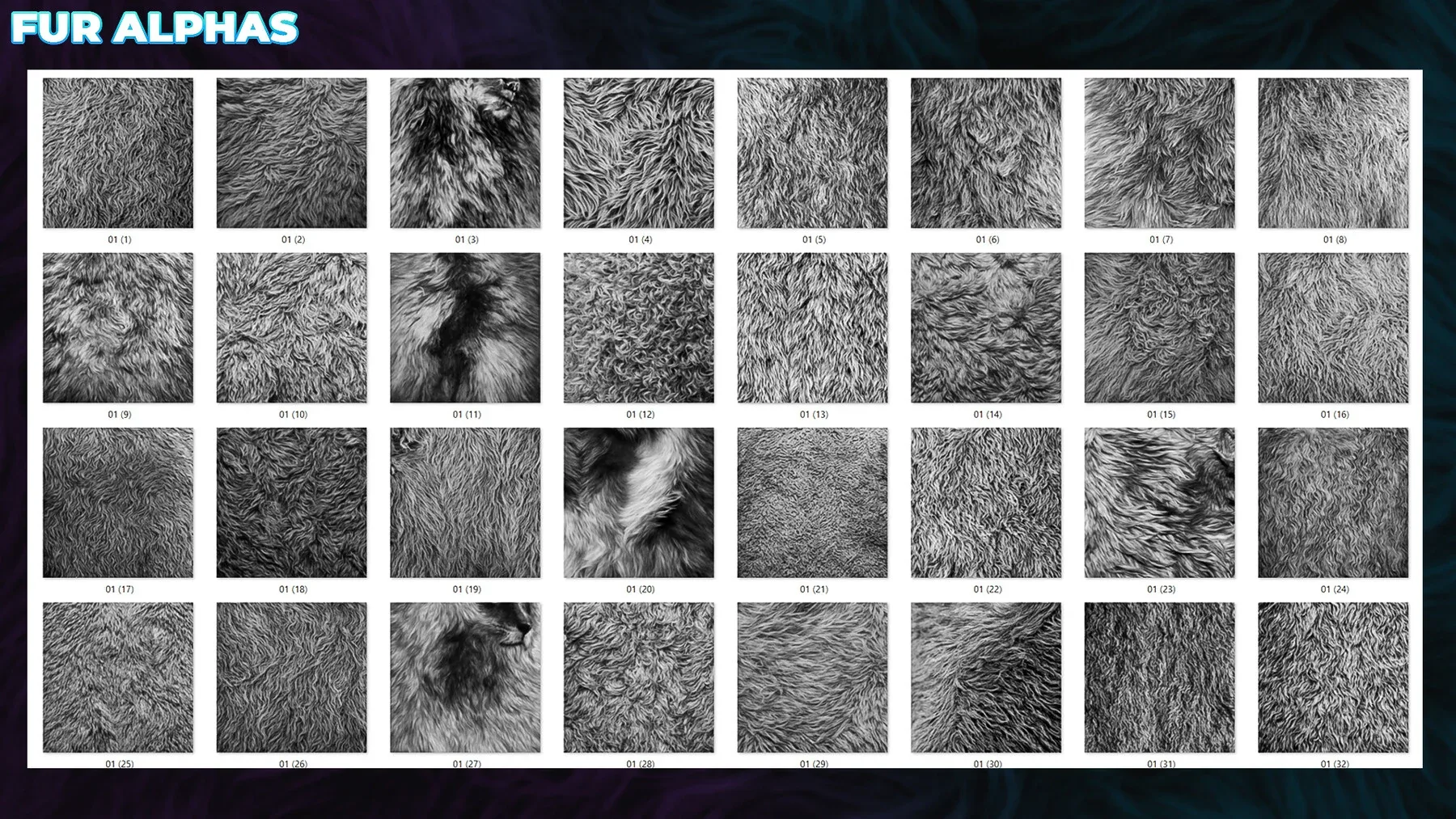 1000+ Fur & Hair Alphas (Displacement Maps) BUNDLE for ZBrush, Blender, Substance Painter