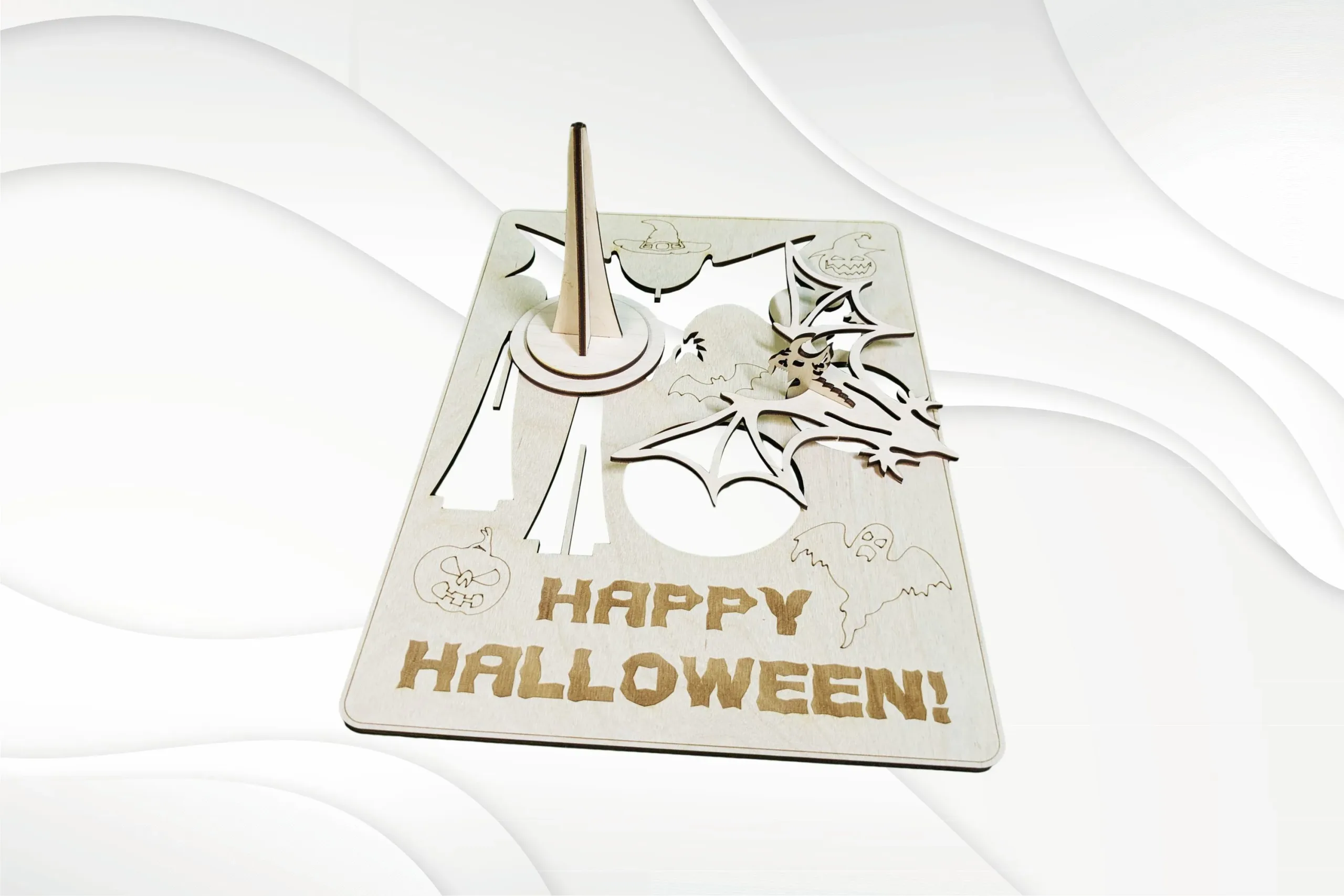 Halloween Gift card laser cut design. Cutting model, laser file, bat silhouette. Laser plan, laser pattern, vector template. Greeting card, Svg dxf files. Glowforge laser cut file.