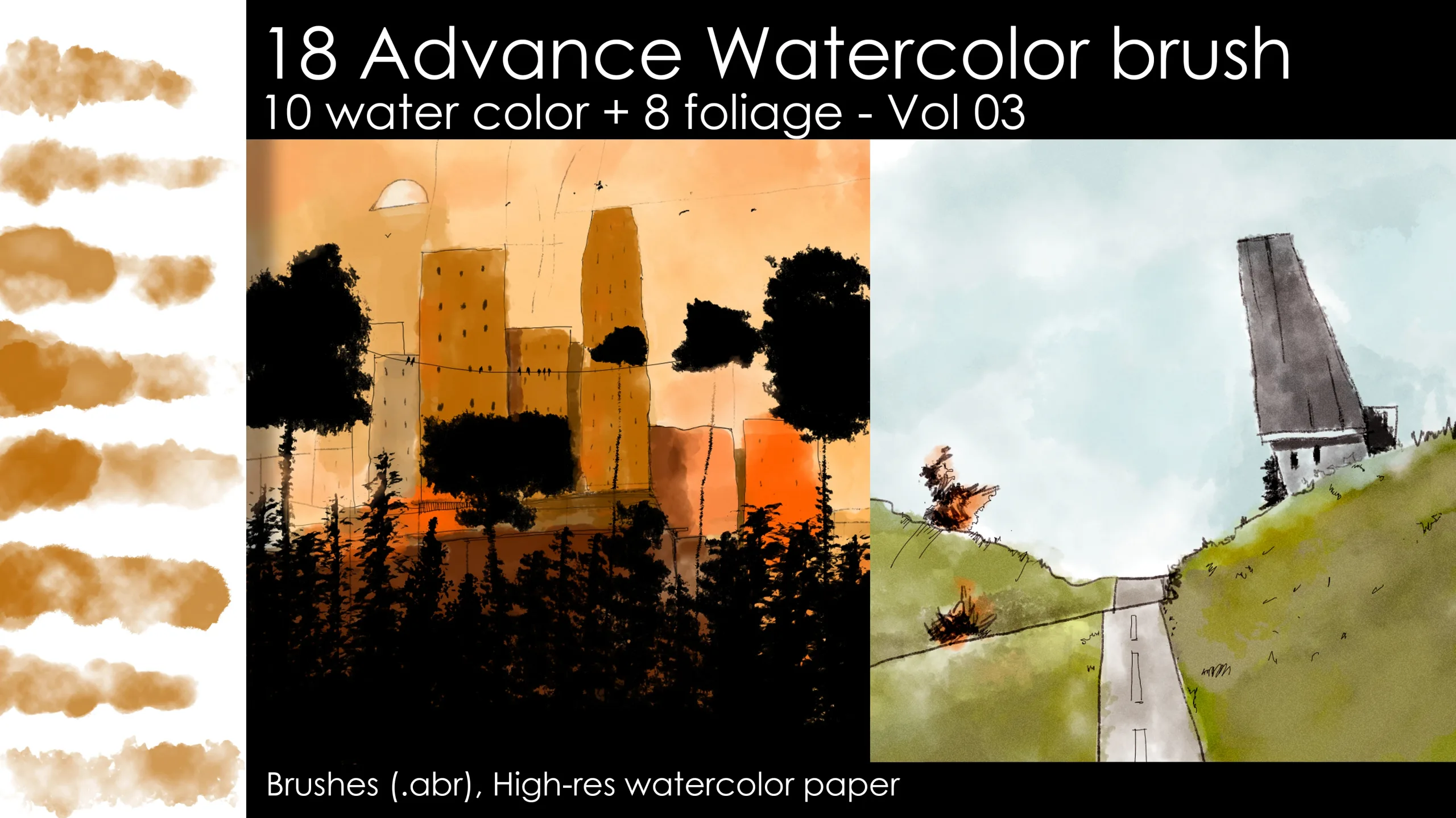 18 Advance watercolor brushes + Watercolor paper psd