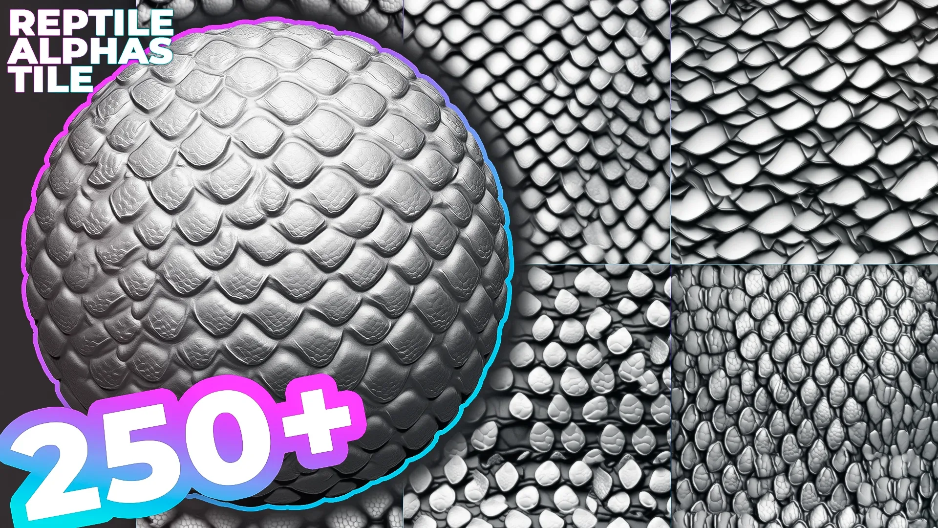 250+ Tileable Reptile, Dragon, Snake Skin Alphas for ZBrush (Displacement map) vol.5