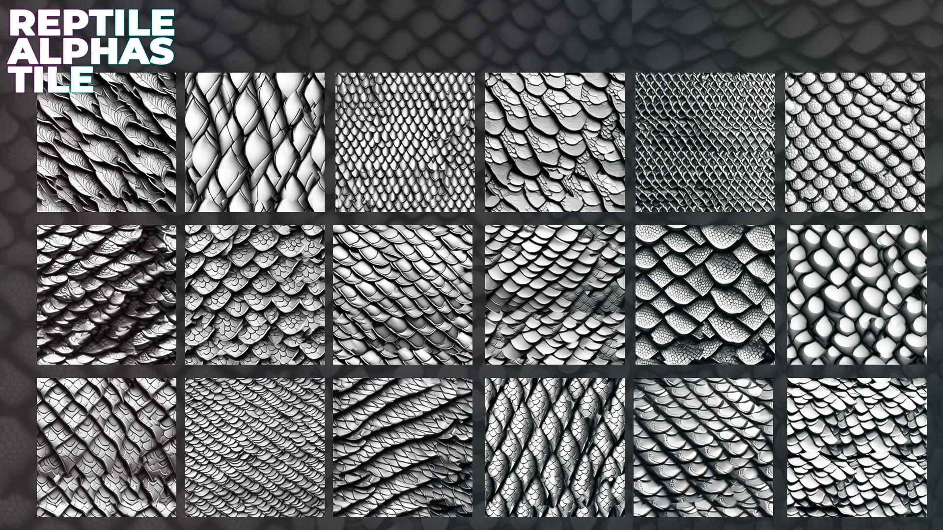 250+ Tileable Reptile, Dragon, Snake Skin Alphas for ZBrush (Displacement map) vol.5