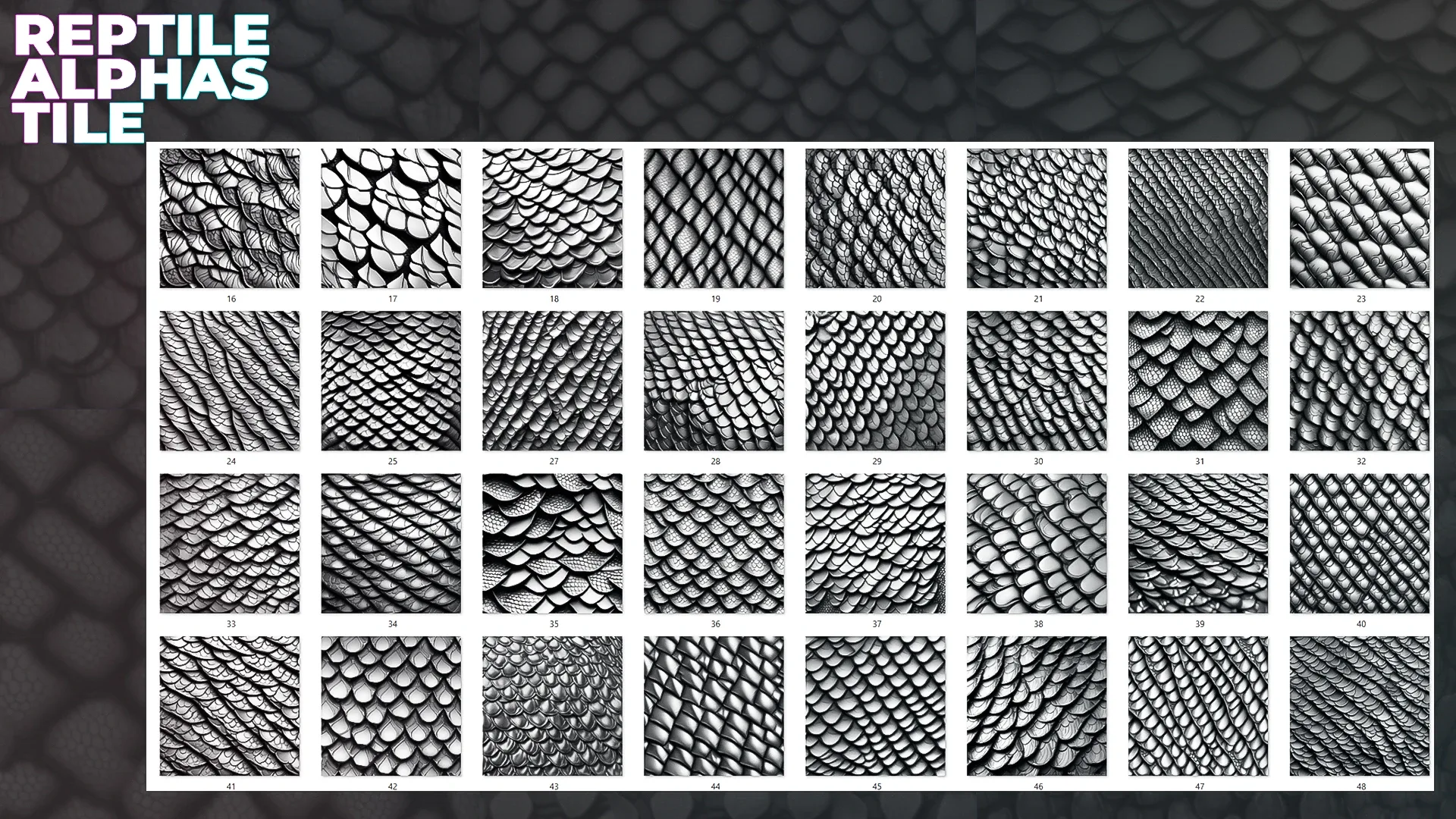 250+ Tileable Reptile, Dragon, Snake Skin Alphas for ZBrush (Displacement map) vol.5