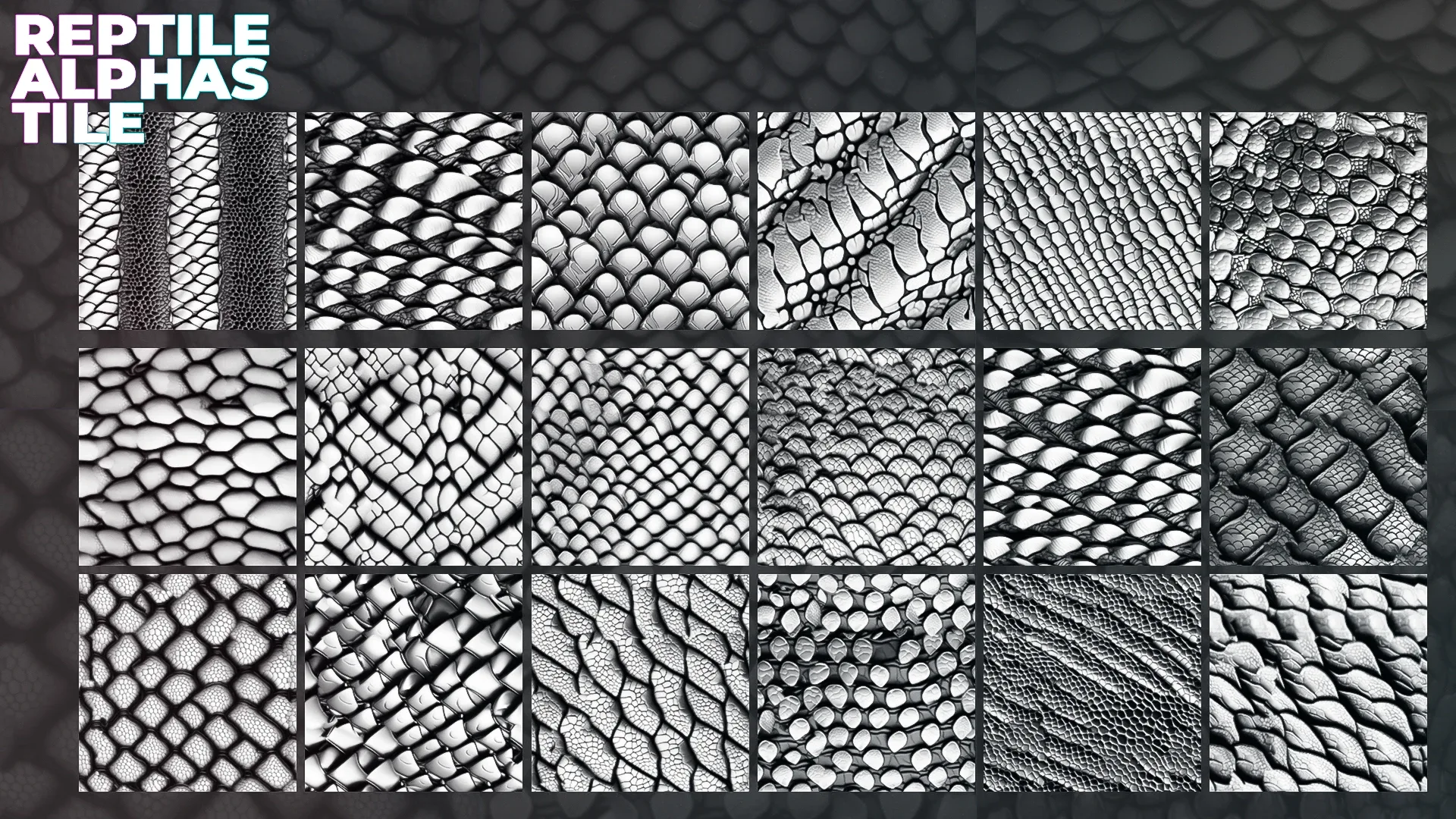 250+ Tileable Reptile, Dragon, Snake Skin Alphas for ZBrush (Displacement map) vol.5