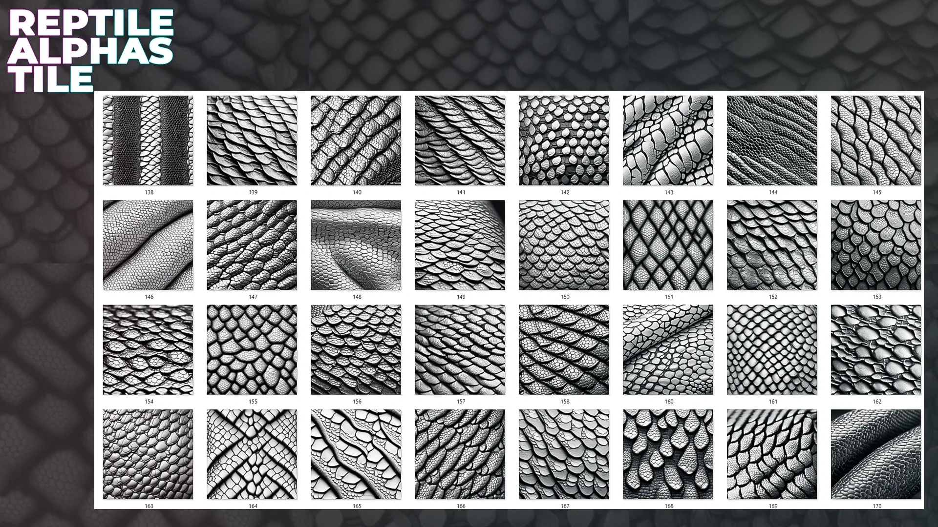 250+ Tileable Reptile, Dragon, Snake Skin Alphas for ZBrush (Displacement map) vol.5