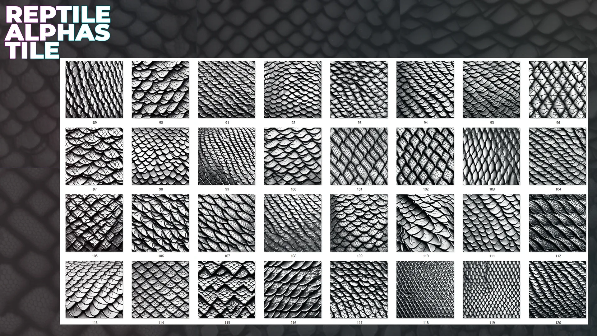 250+ Tileable Reptile, Dragon, Snake Skin Alphas for ZBrush (Displacement map) vol.5