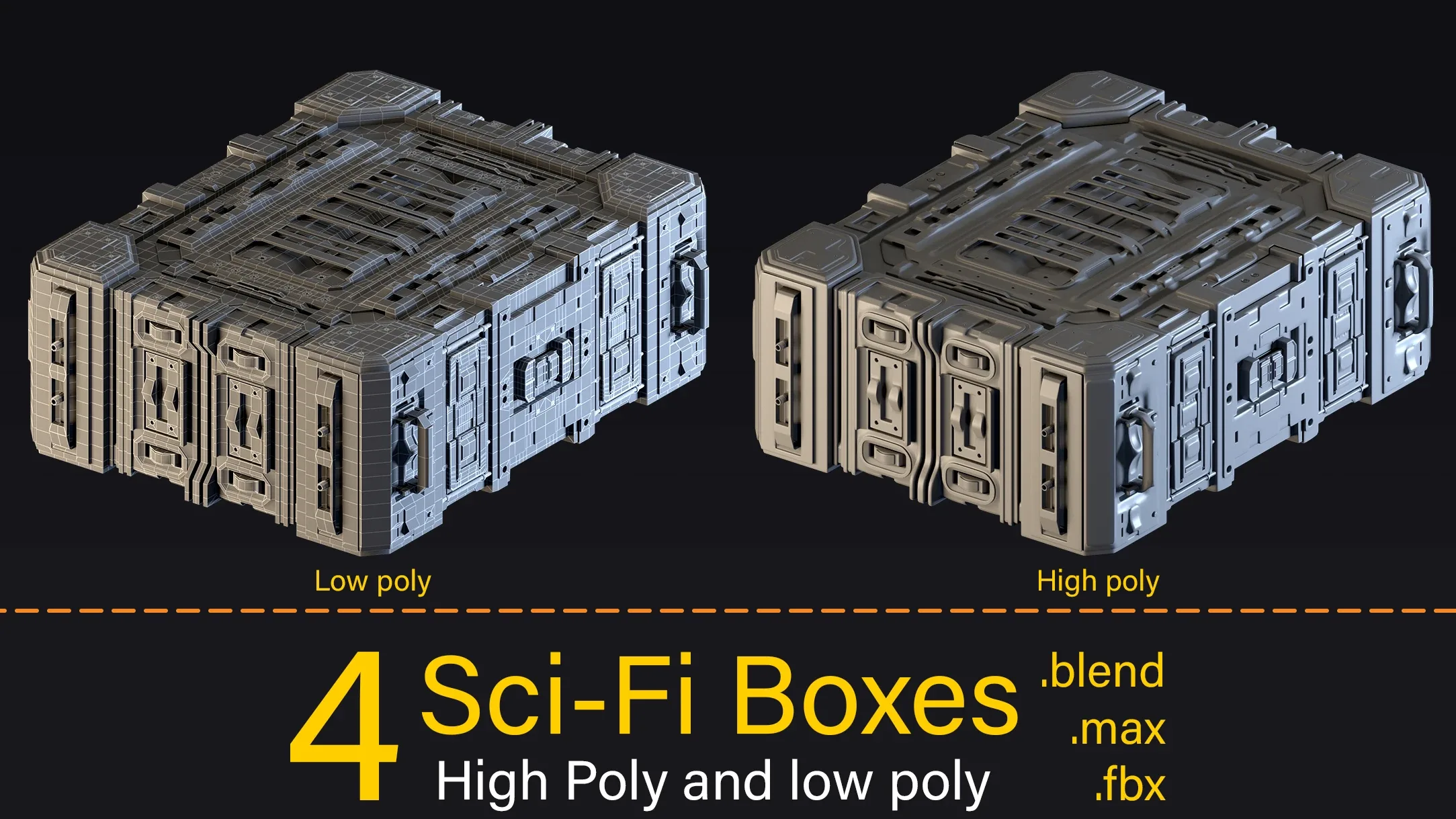 4 Sci-Fi Boxes- Low poly and high poly