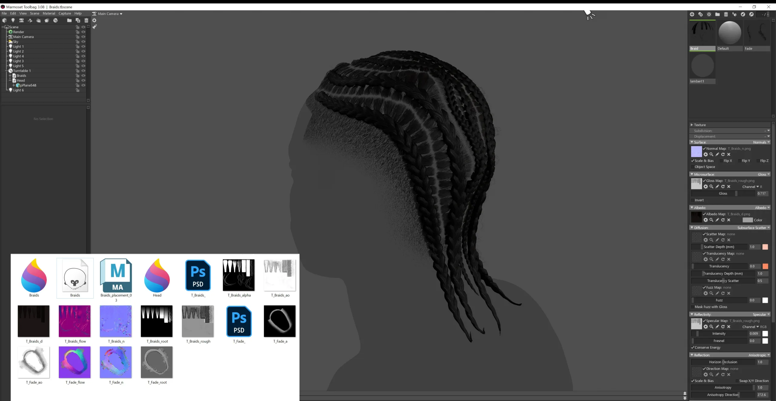 Realtime cornrows/braids - Working files and marmoset scene
