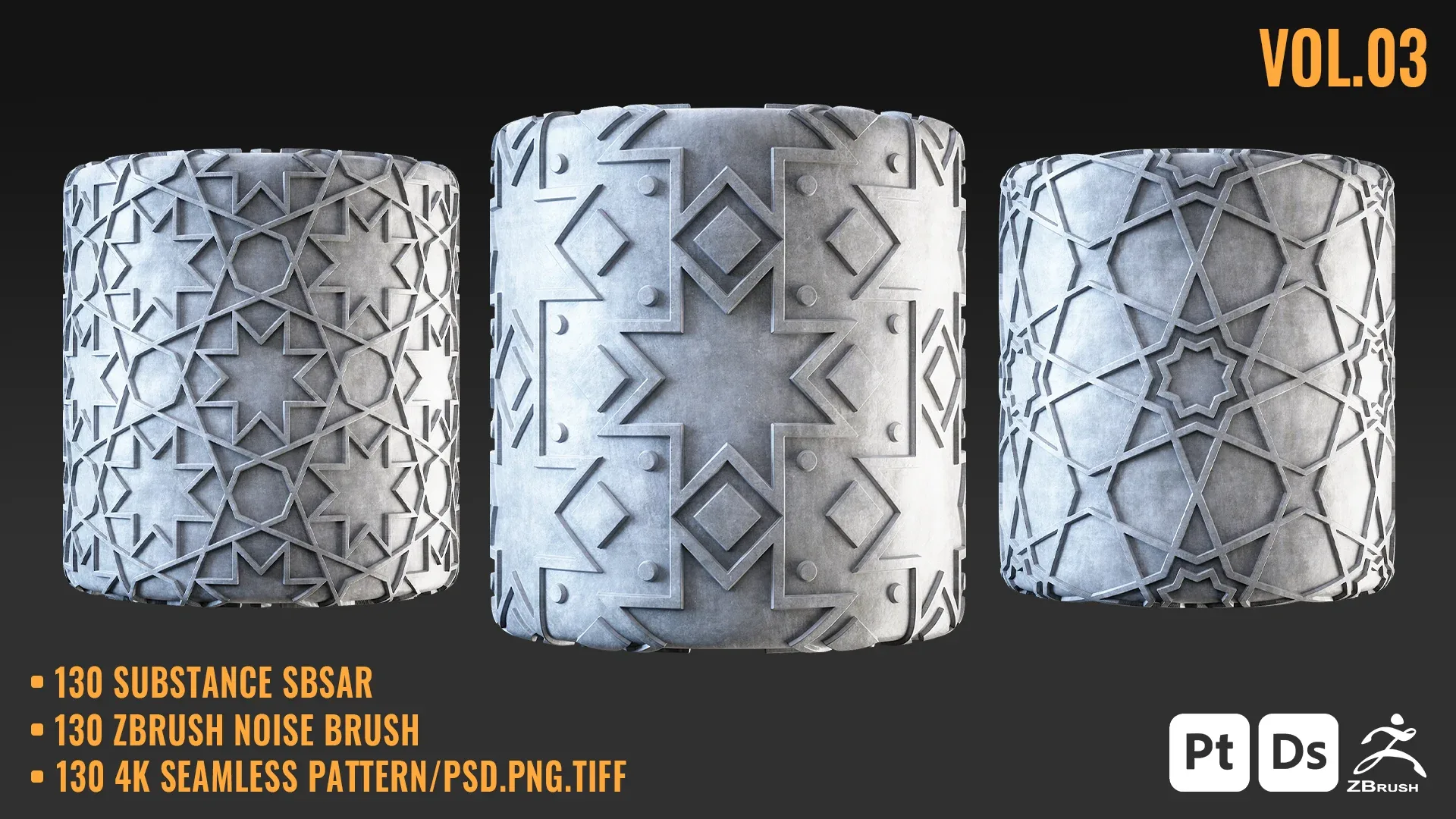 130 ARABIC SEAMLESS PATTERN + SBSAR & ZBRUSH BRUSH - VOL 03