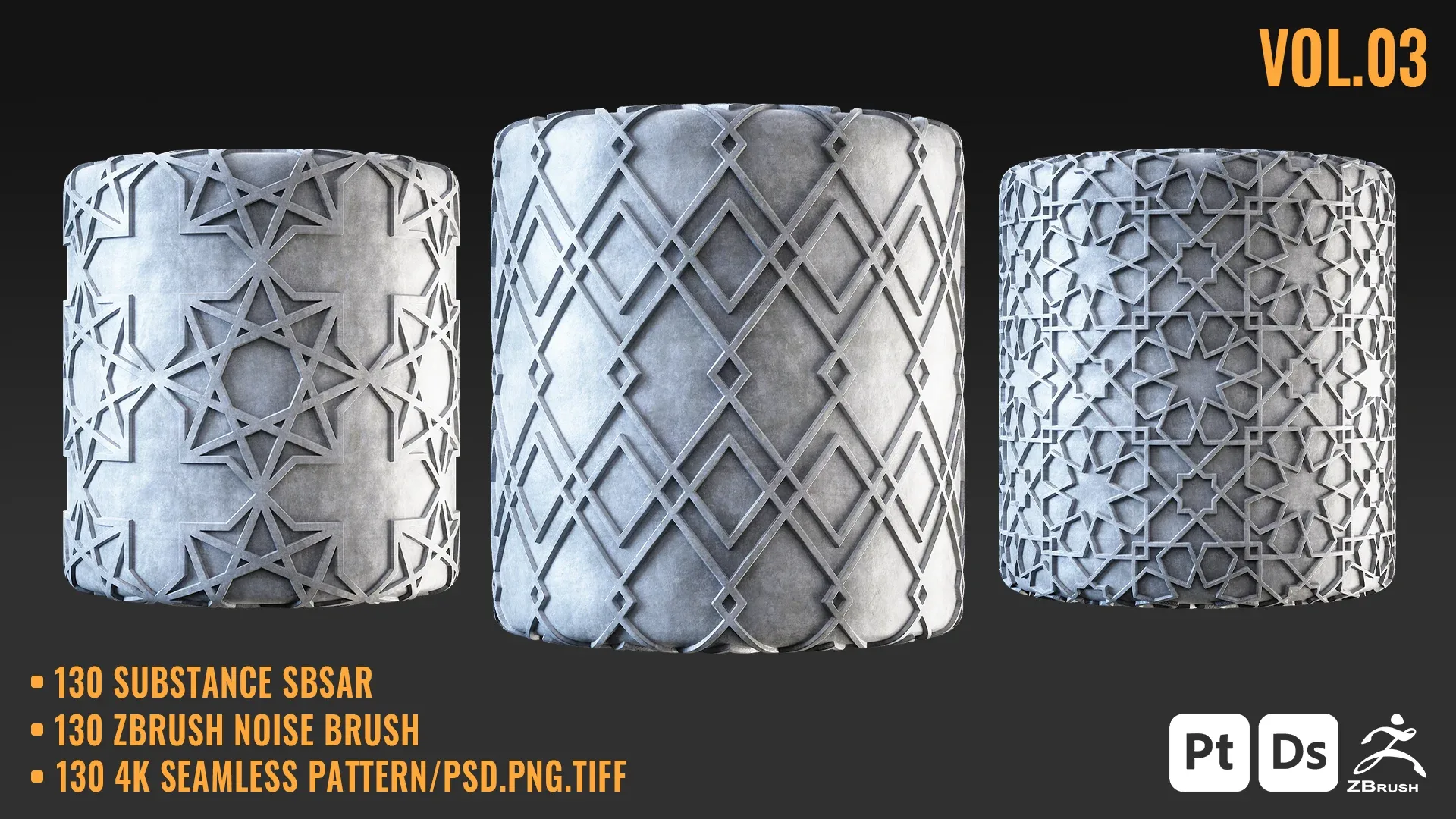 130 ARABIC SEAMLESS PATTERN + SBSAR & ZBRUSH BRUSH - VOL 03