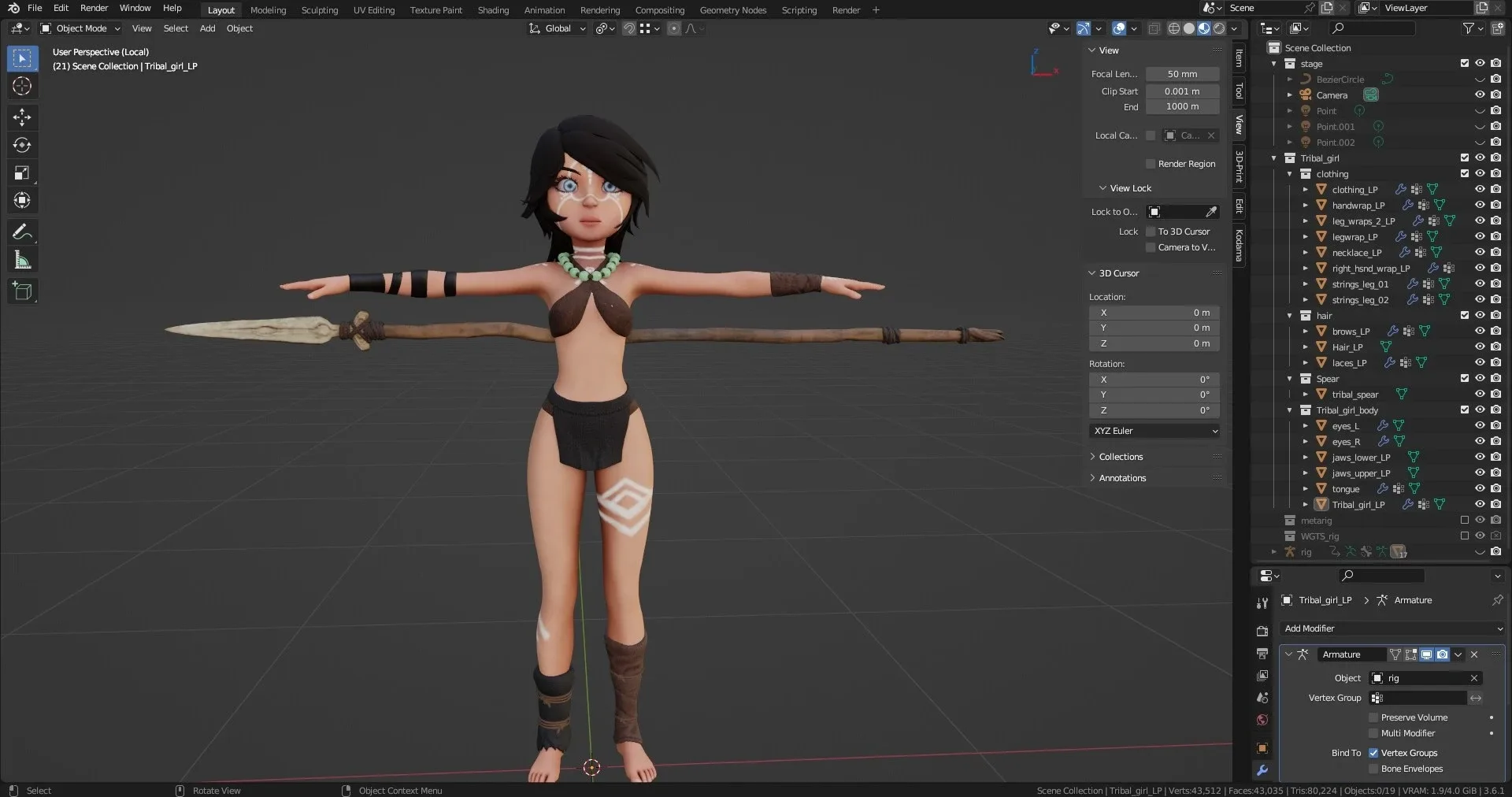 Tribal girl Rigged character Low-poly 3D model