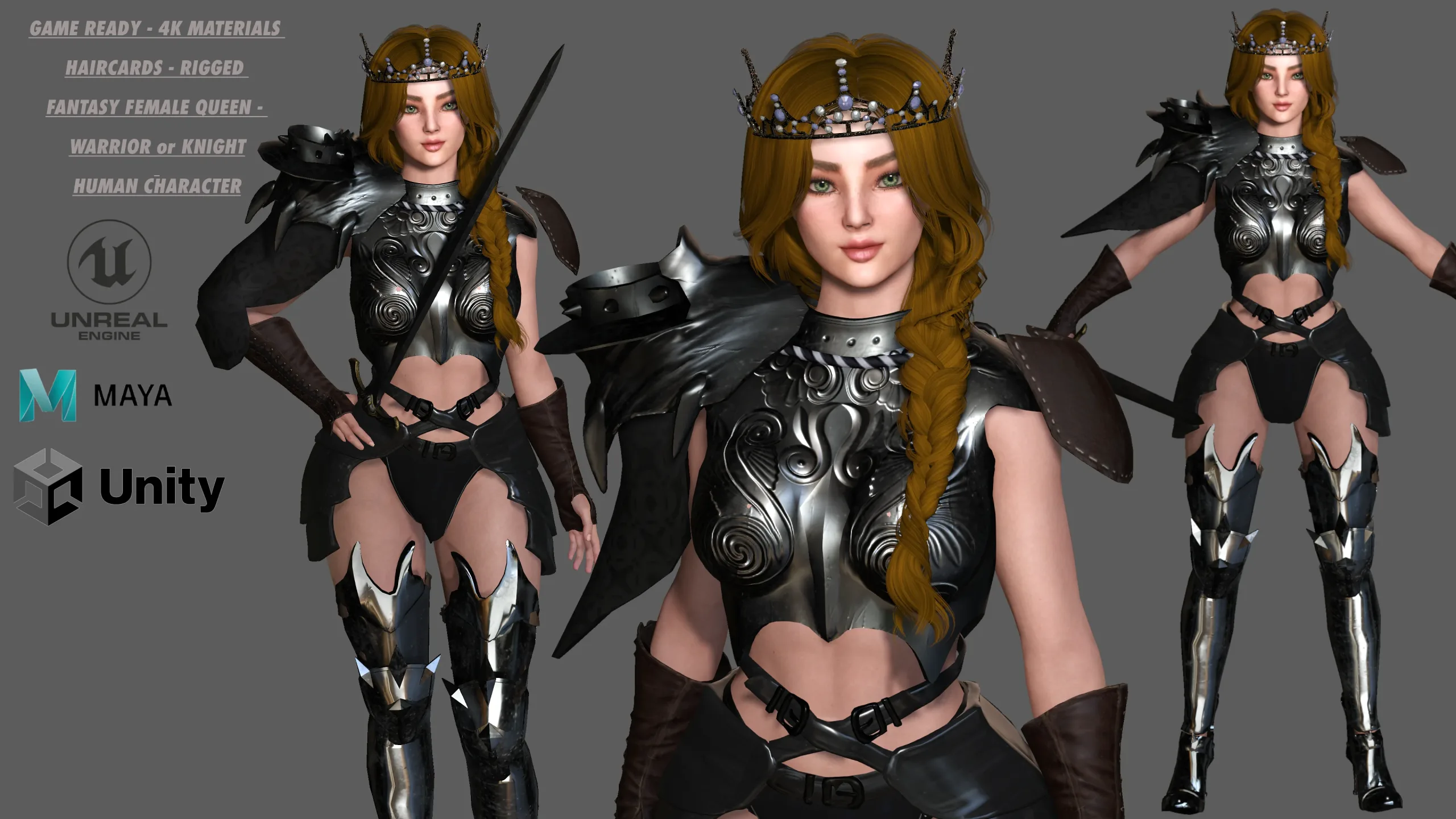 AAA 3D FANTASY FEMALE WARRIOR -REALISTIC RIGGED GAME CHARACTER