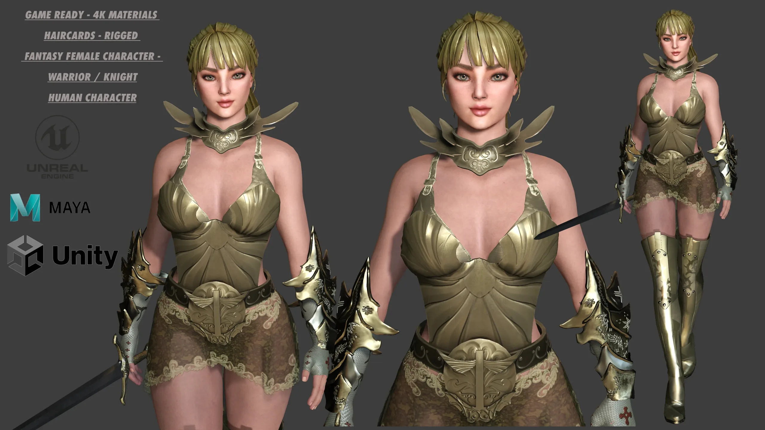 AAA 3D FANTASY FEMALE WARRIOR-REALISTIC RIG GAME CHARACTER