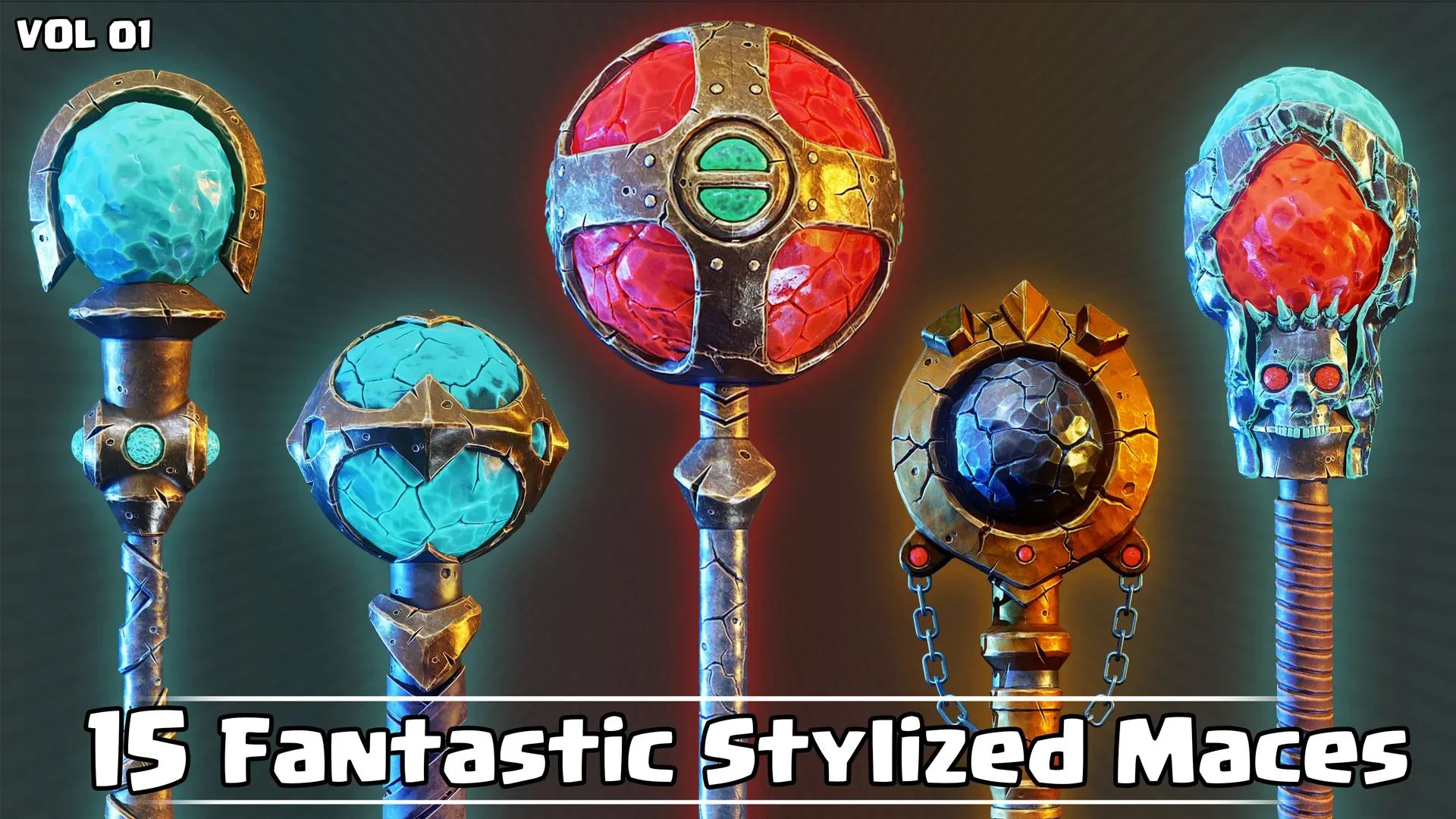 15 Fantastic Stylized Maces Game Ready VOL01