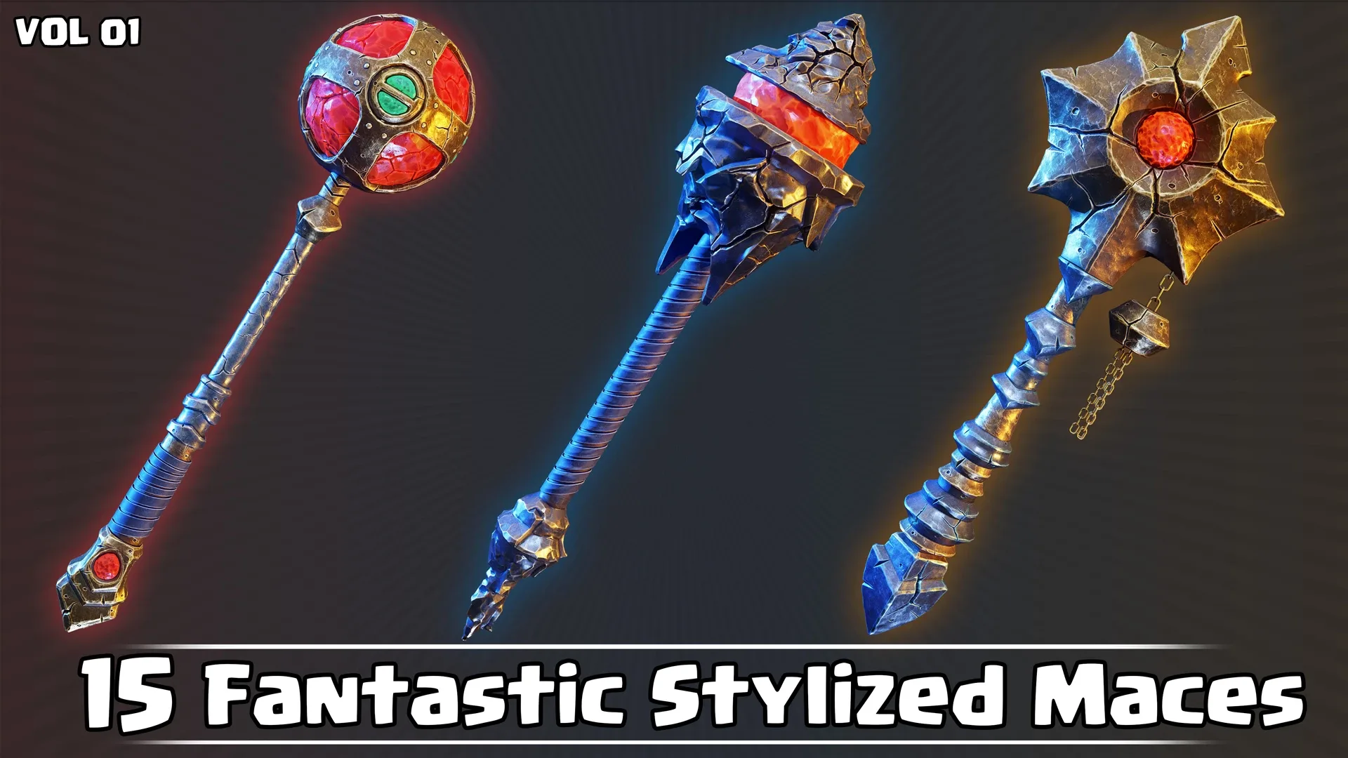 15 Fantastic Stylized Maces Game Ready VOL01