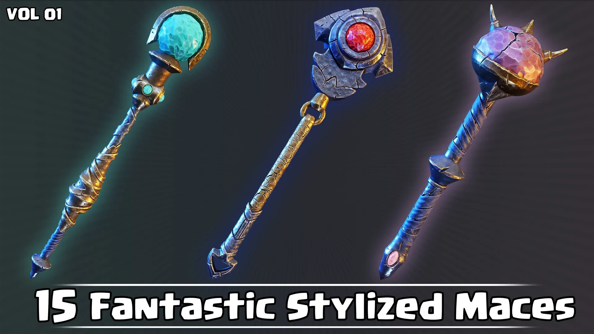 15 Fantastic Stylized Maces Game Ready VOL01