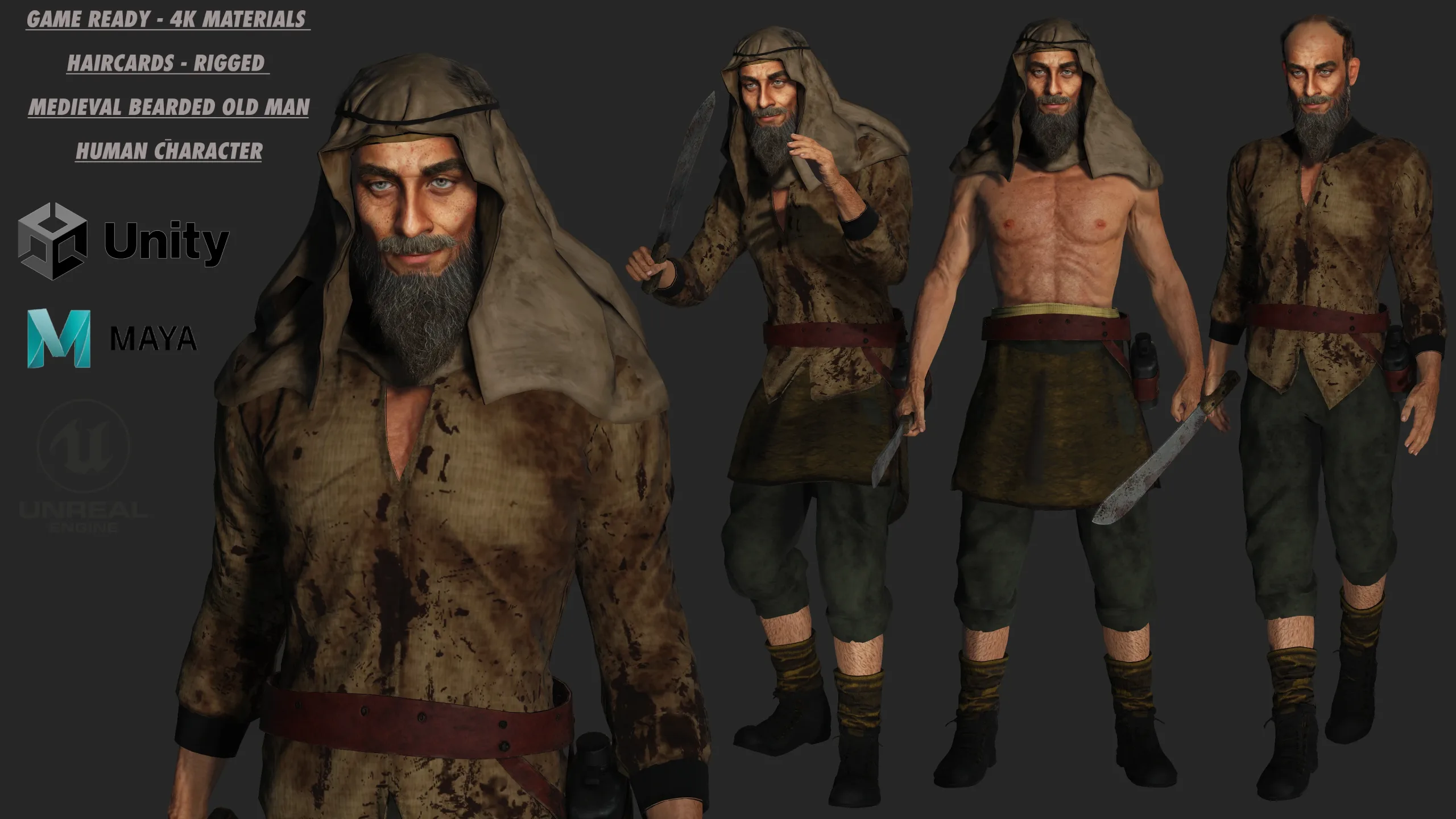 3D REALISTIC MALE CHARACTER - MEDIEVAL BEARDED OLD MAN 01