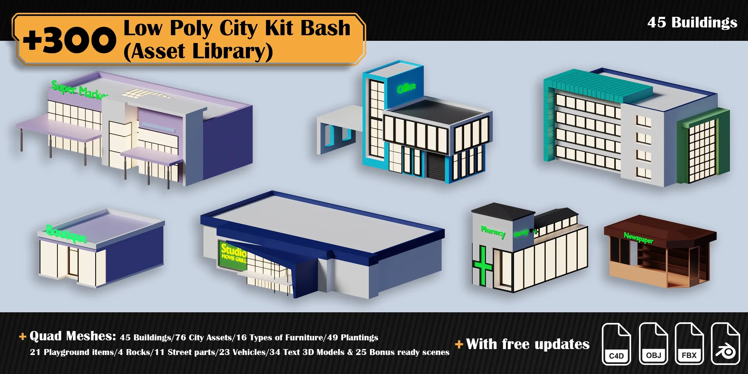 Low Poly City Asset Library Kitbash (+300 Objects)