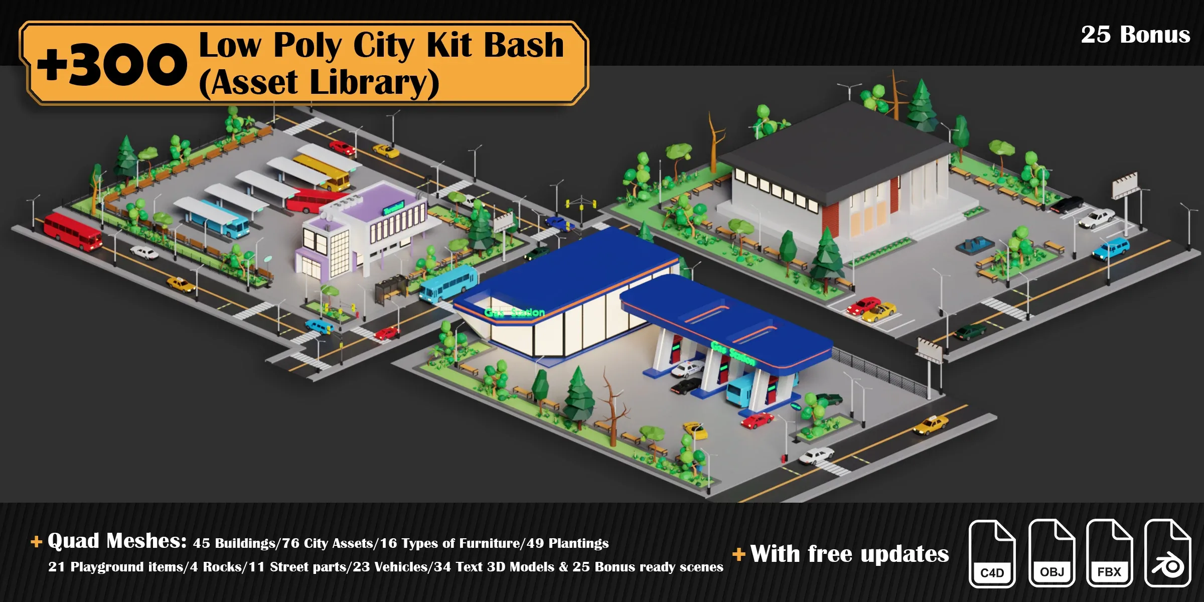 Low Poly City Asset Library Kitbash (+300 Objects)