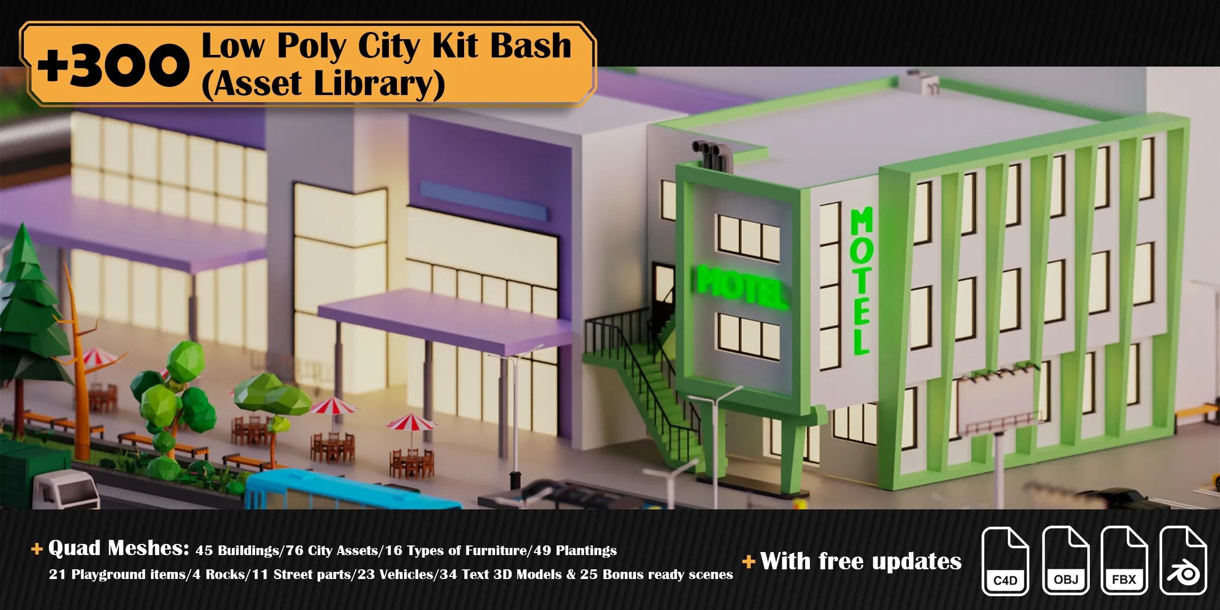 Low Poly City Asset Library Kitbash (+300 Objects)