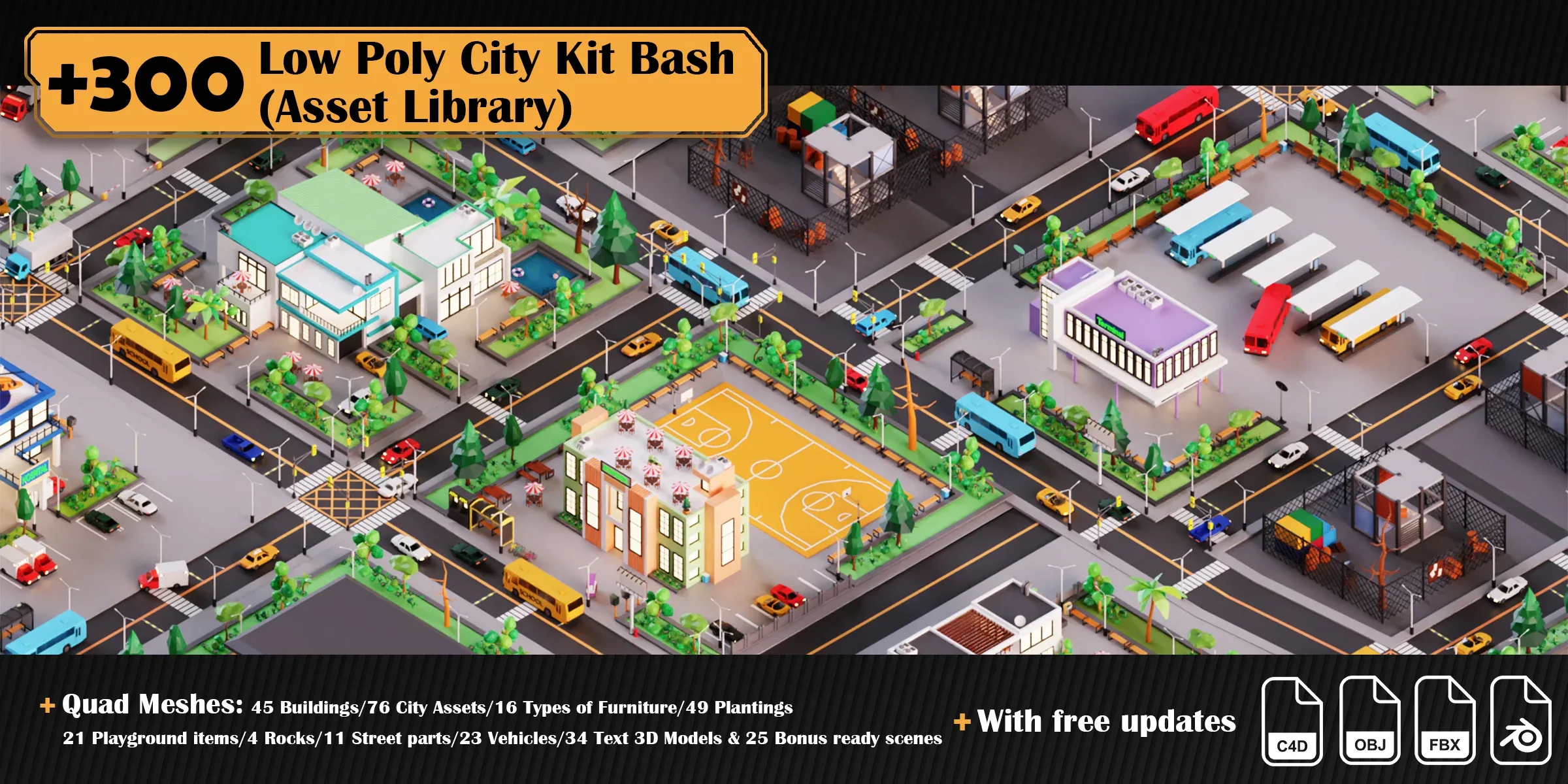 Low Poly City Asset Library Kitbash (+300 Objects)